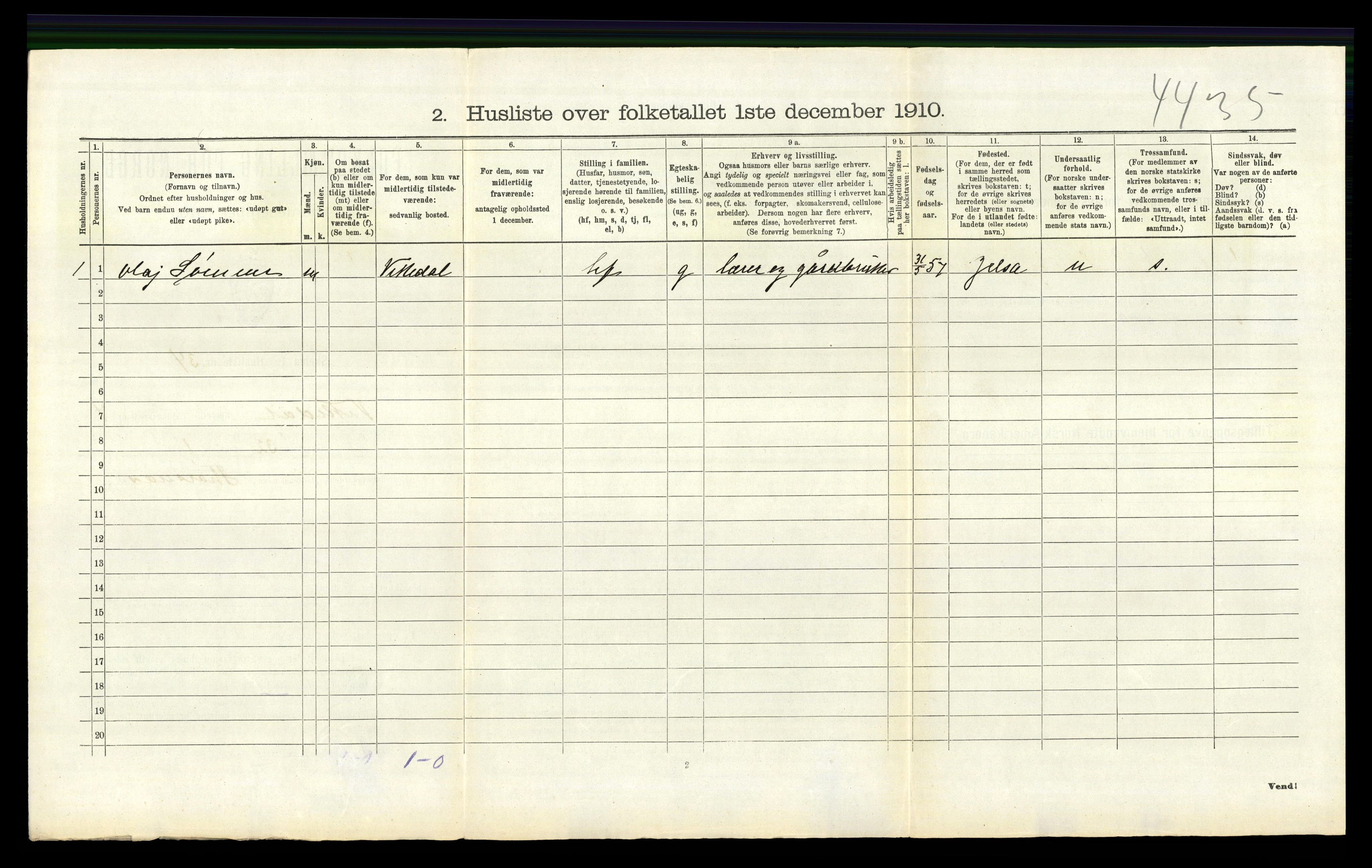 RA, 1910 census for Vikedal, 1910, p. 396