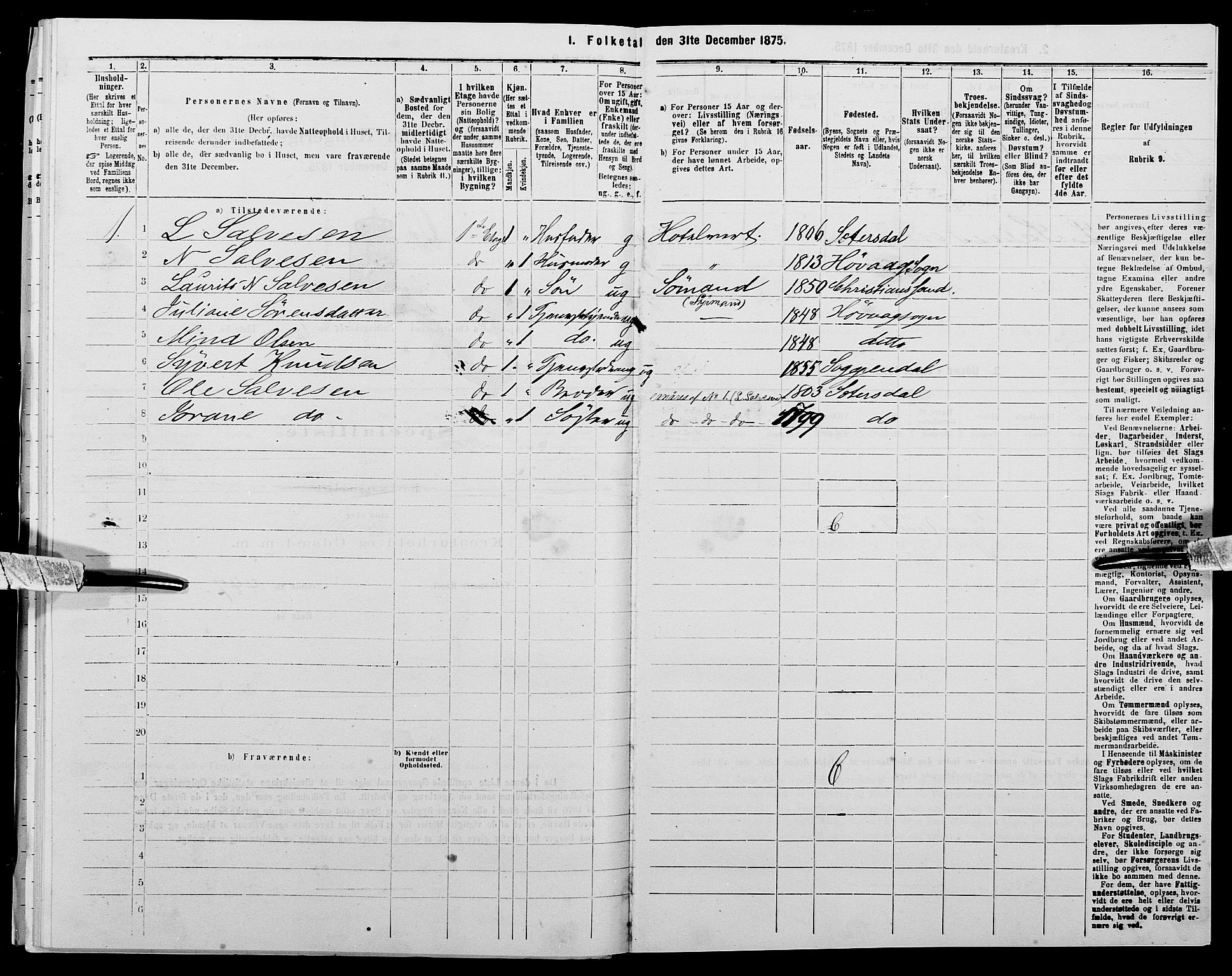 SAK, 1875 census for 1001P Kristiansand, 1875, p. 1815