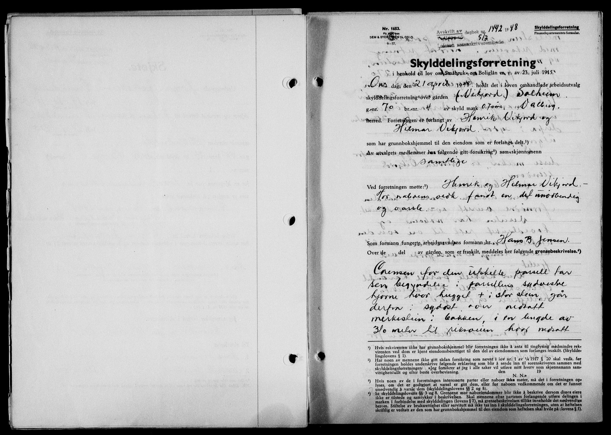 Lofoten sorenskriveri, SAT/A-0017/1/2/2C/L0018a: Mortgage book no. 18a, 1948-1948, Diary no: : 1442/1948