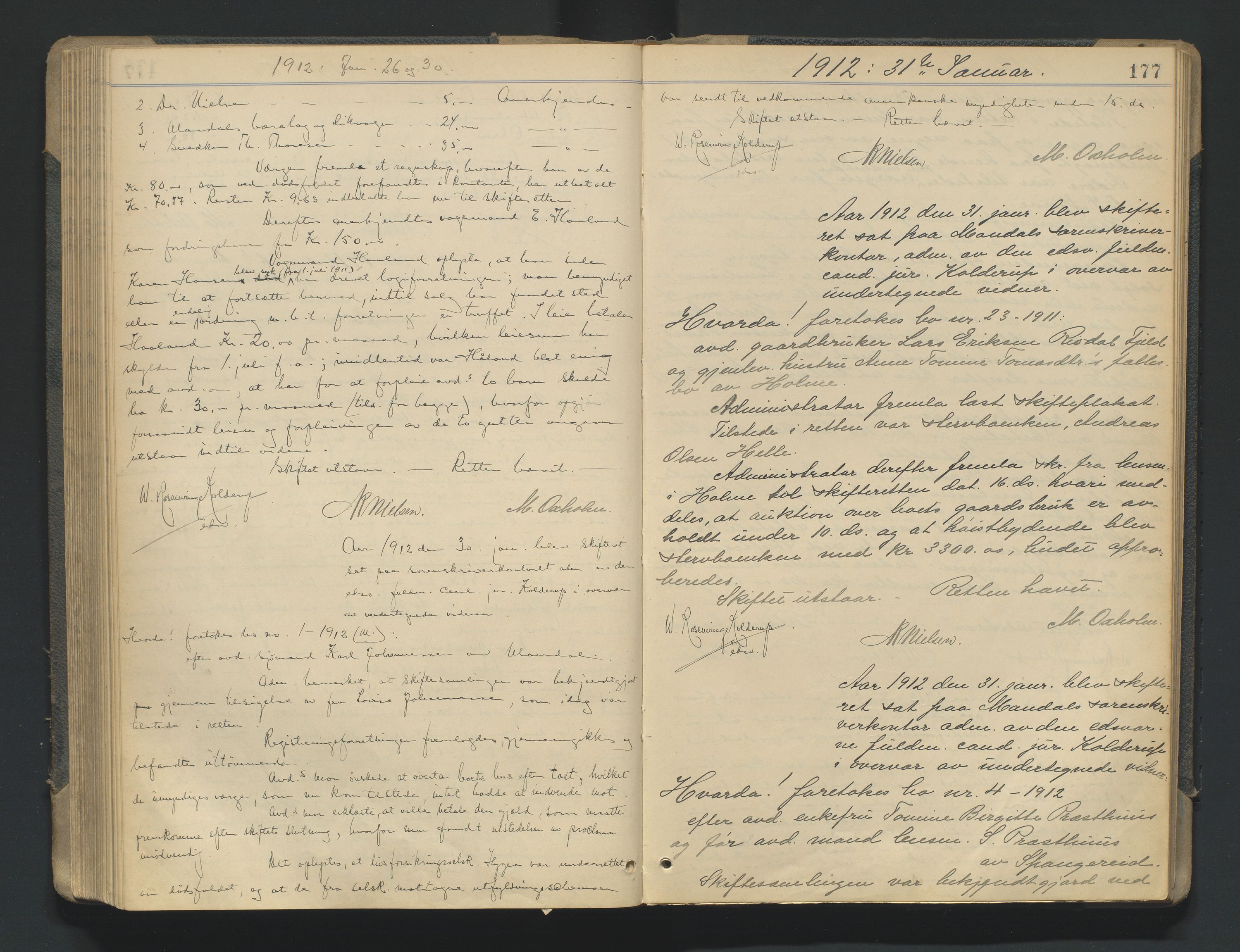 Mandal sorenskriveri, AV/SAK-1221-0005/001/H/Hc/L0081: Skifteforhandlingsprotokoll nr 13, 1909-1913, p. 177