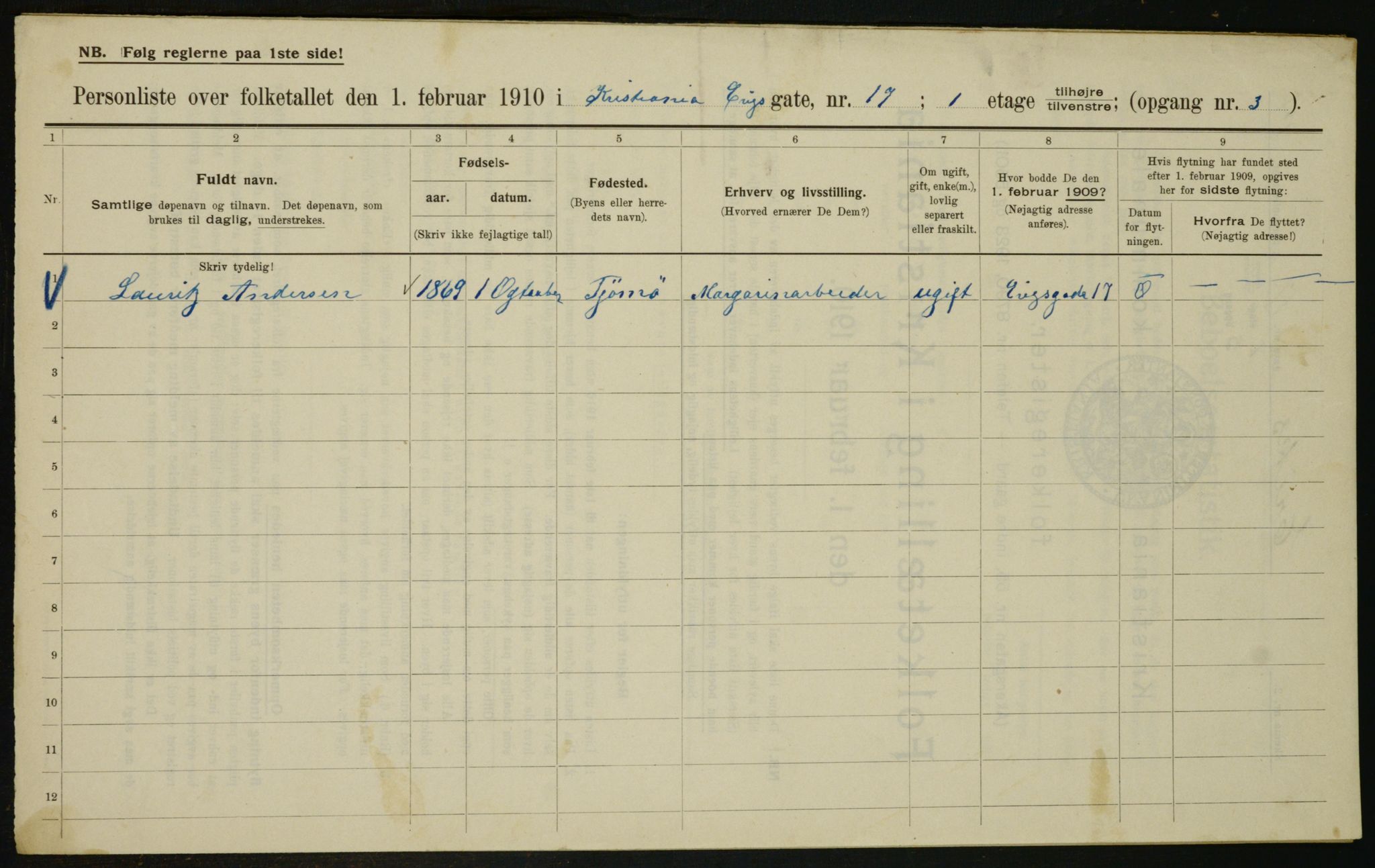 OBA, Municipal Census 1910 for Kristiania, 1910, p. 20652