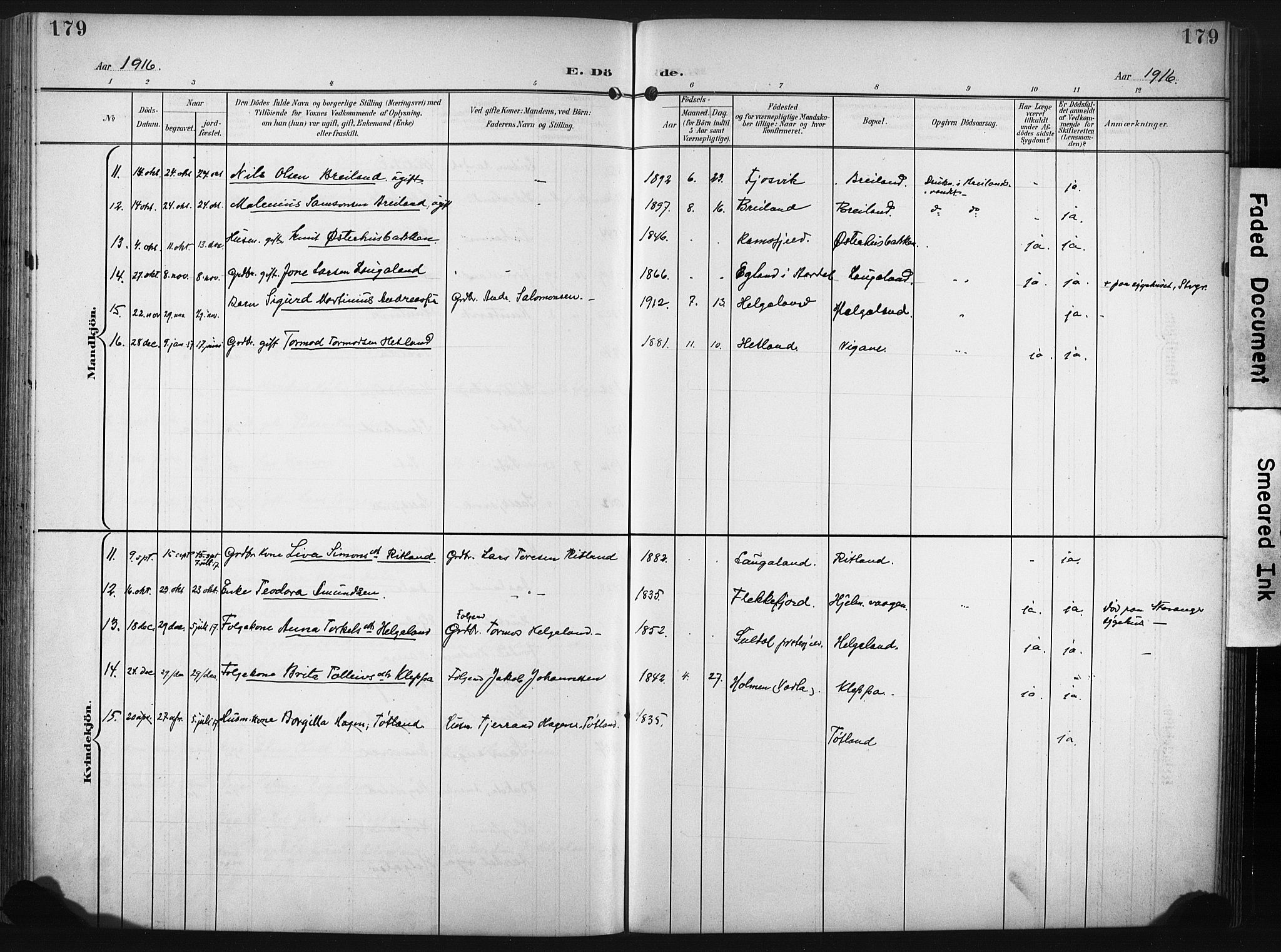 Hjelmeland sokneprestkontor, AV/SAST-A-101843/02/A/L0002: Parish register (official) no. A 17, 1901-1916, p. 179