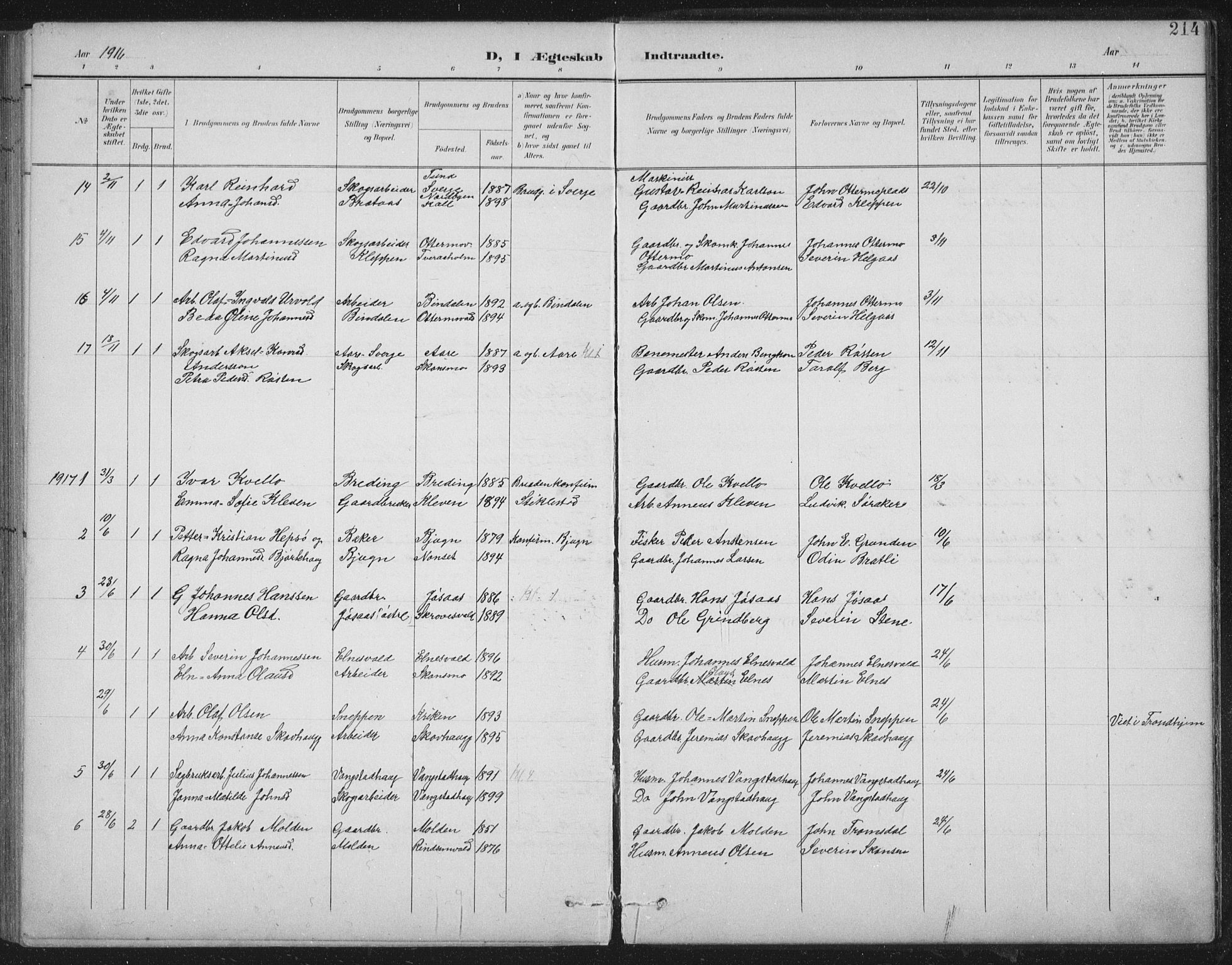 Ministerialprotokoller, klokkerbøker og fødselsregistre - Nord-Trøndelag, SAT/A-1458/724/L0269: Parish register (copy) no. 724C05, 1899-1920, p. 214