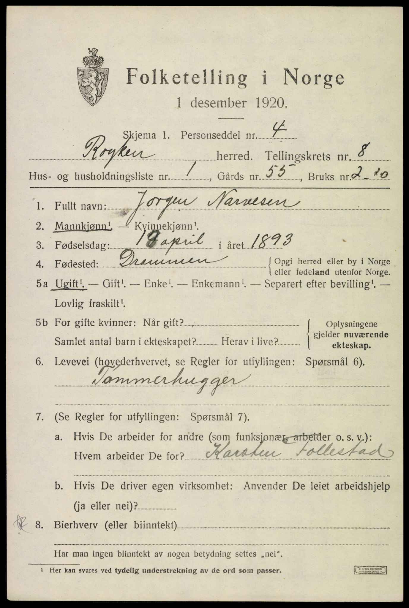 SAKO, 1920 census for Røyken, 1920, p. 11700