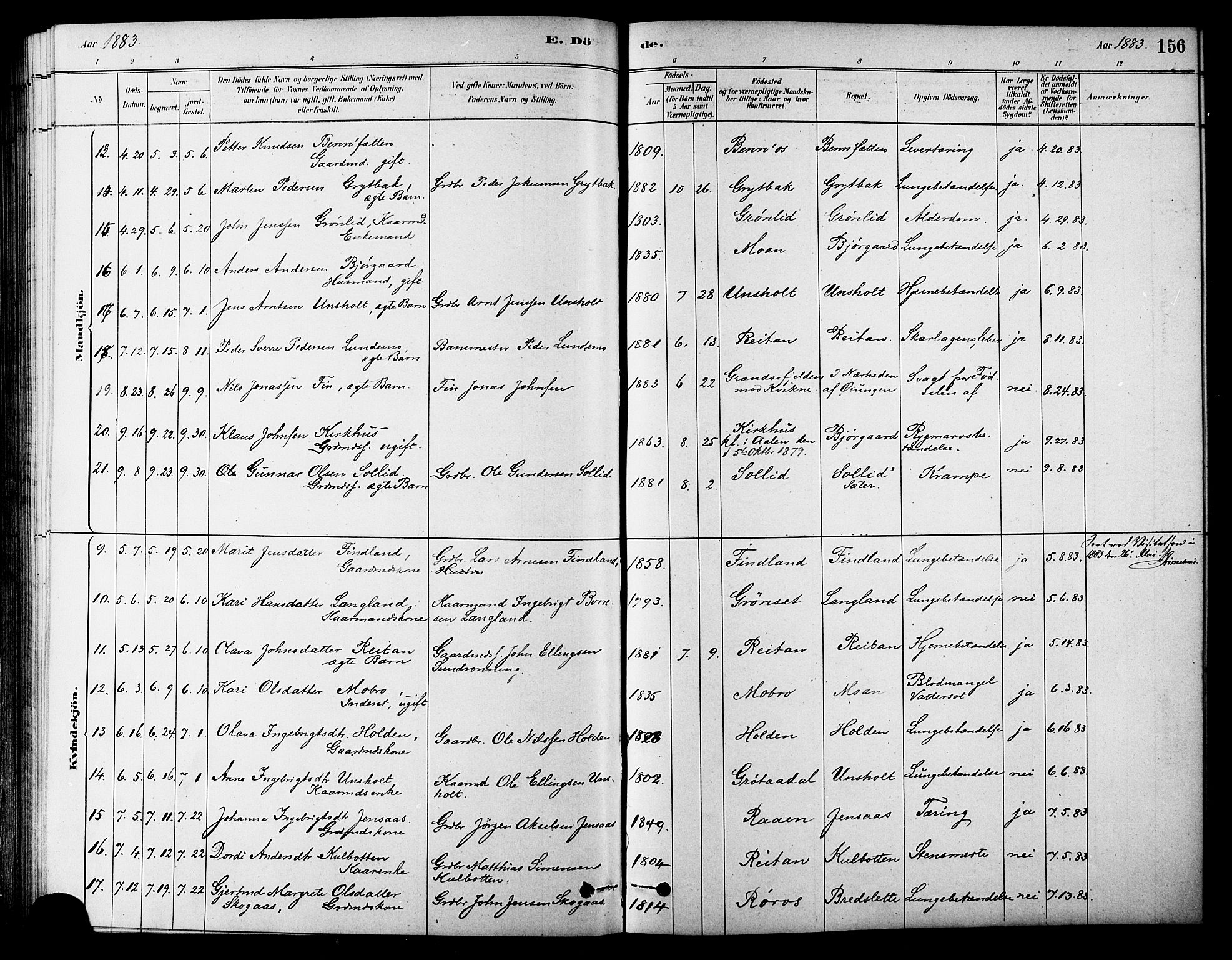 Ministerialprotokoller, klokkerbøker og fødselsregistre - Sør-Trøndelag, AV/SAT-A-1456/686/L0983: Parish register (official) no. 686A01, 1879-1890, p. 156