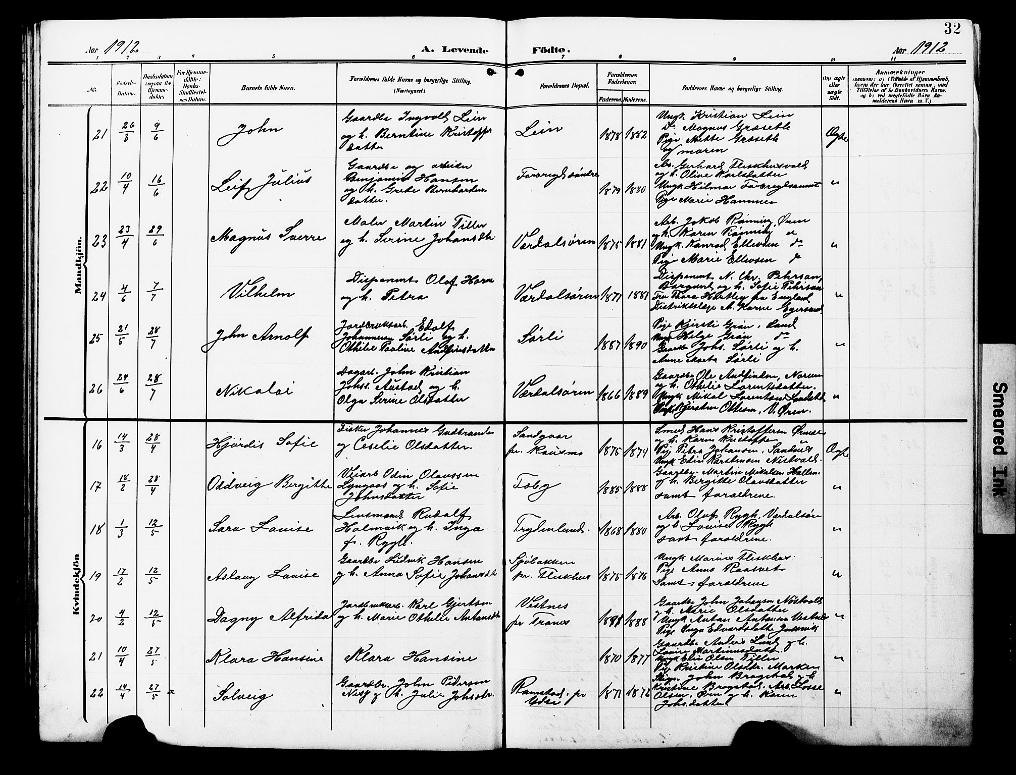 Ministerialprotokoller, klokkerbøker og fødselsregistre - Nord-Trøndelag, AV/SAT-A-1458/723/L0258: Parish register (copy) no. 723C06, 1908-1927, p. 32