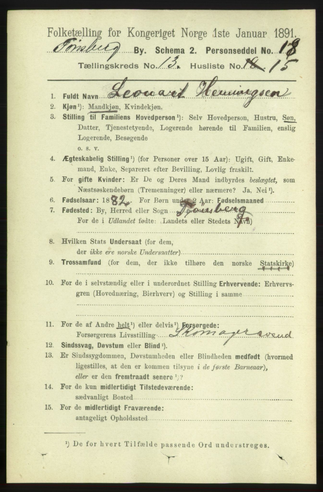 RA, 1891 census for 0705 Tønsberg, 1891, p. 4507