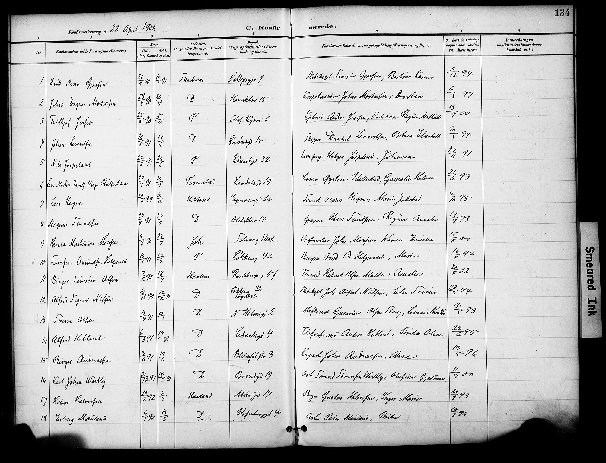 Domkirken sokneprestkontor, SAST/A-101812/001/30/30BA/L0031: Parish register (official) no. A 30, 1896-1916, p. 134