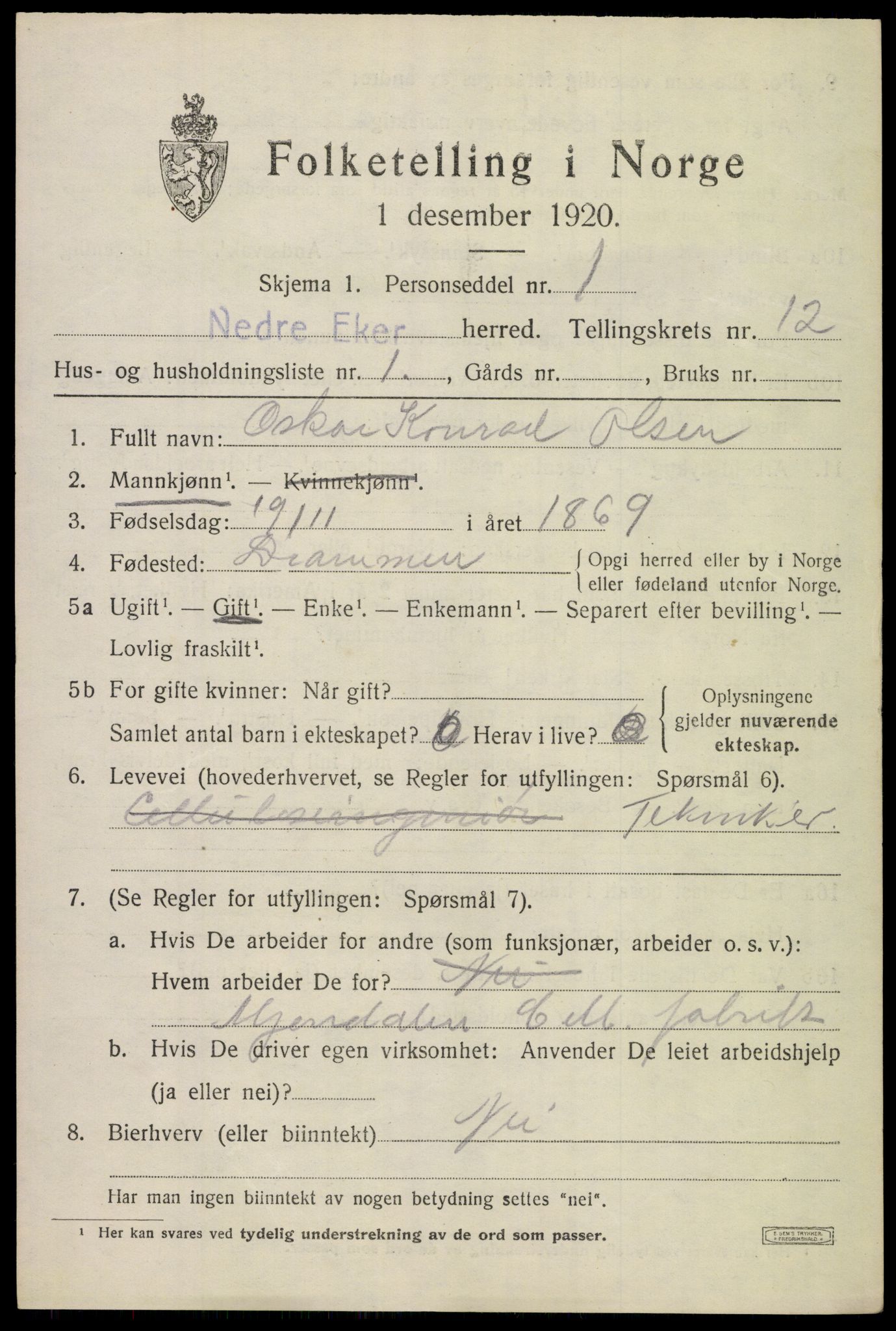 SAKO, 1920 census for Nedre Eiker, 1920, p. 12865