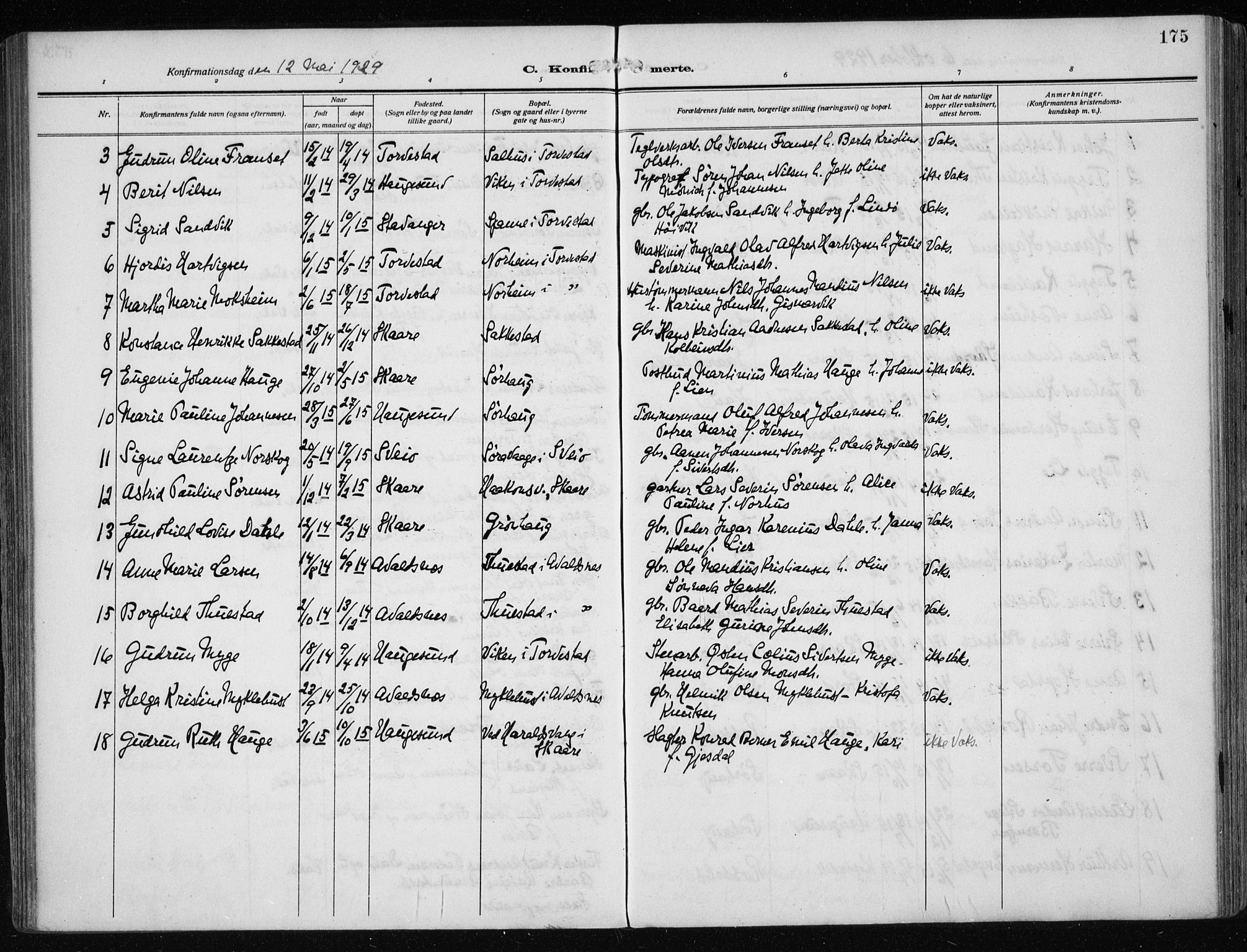 Haugesund sokneprestkontor, AV/SAST-A -101863/H/Ha/Haa/L0010: Parish register (official) no. A 10, 1909-1935, p. 175