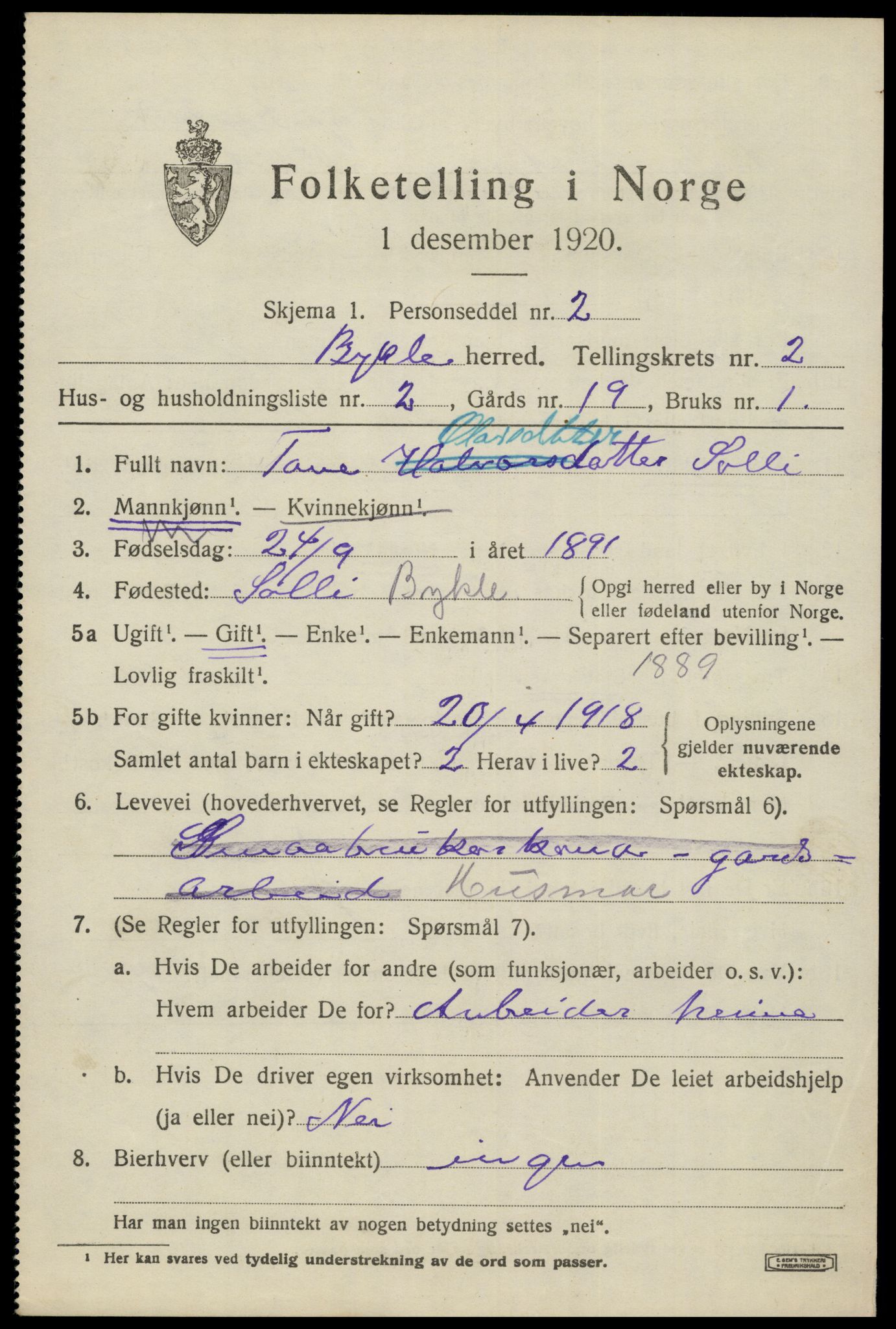 SAK, 1920 census for Bykle, 1920, p. 605