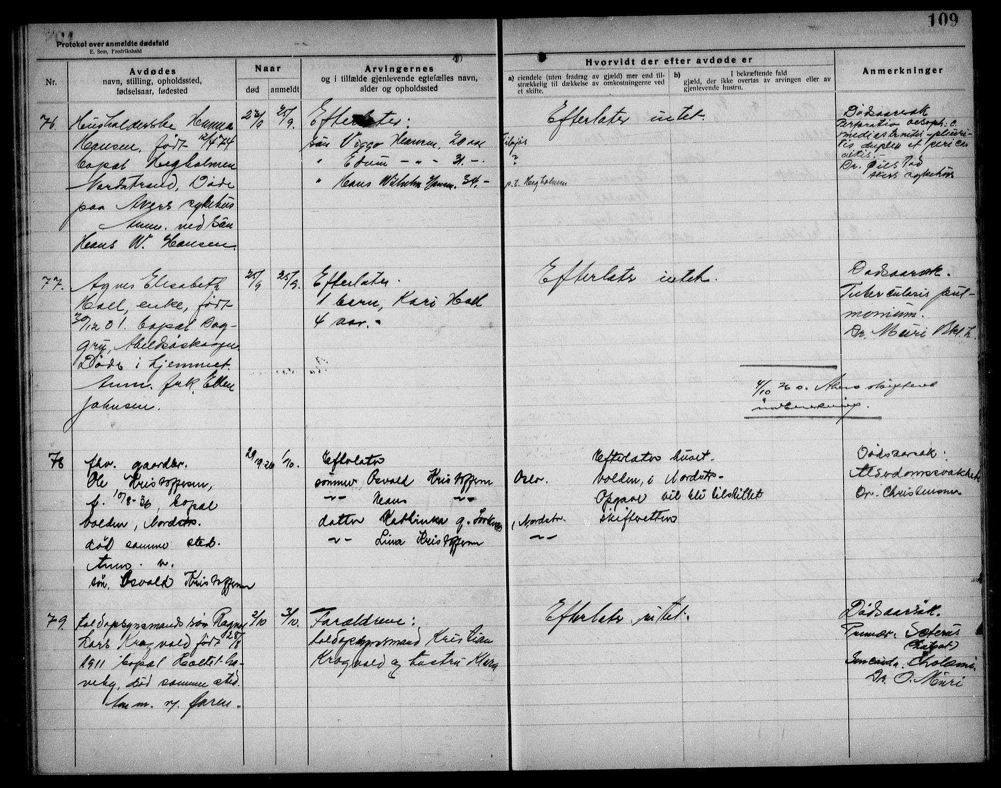 Aker kriminaldommer, skifte- og auksjonsforvalterembete, AV/SAO-A-10452/H/Hb/Hba/Hbad/L0001: Dødsfallsprotokoll for Nordstrand, 1922-1929, p. 109