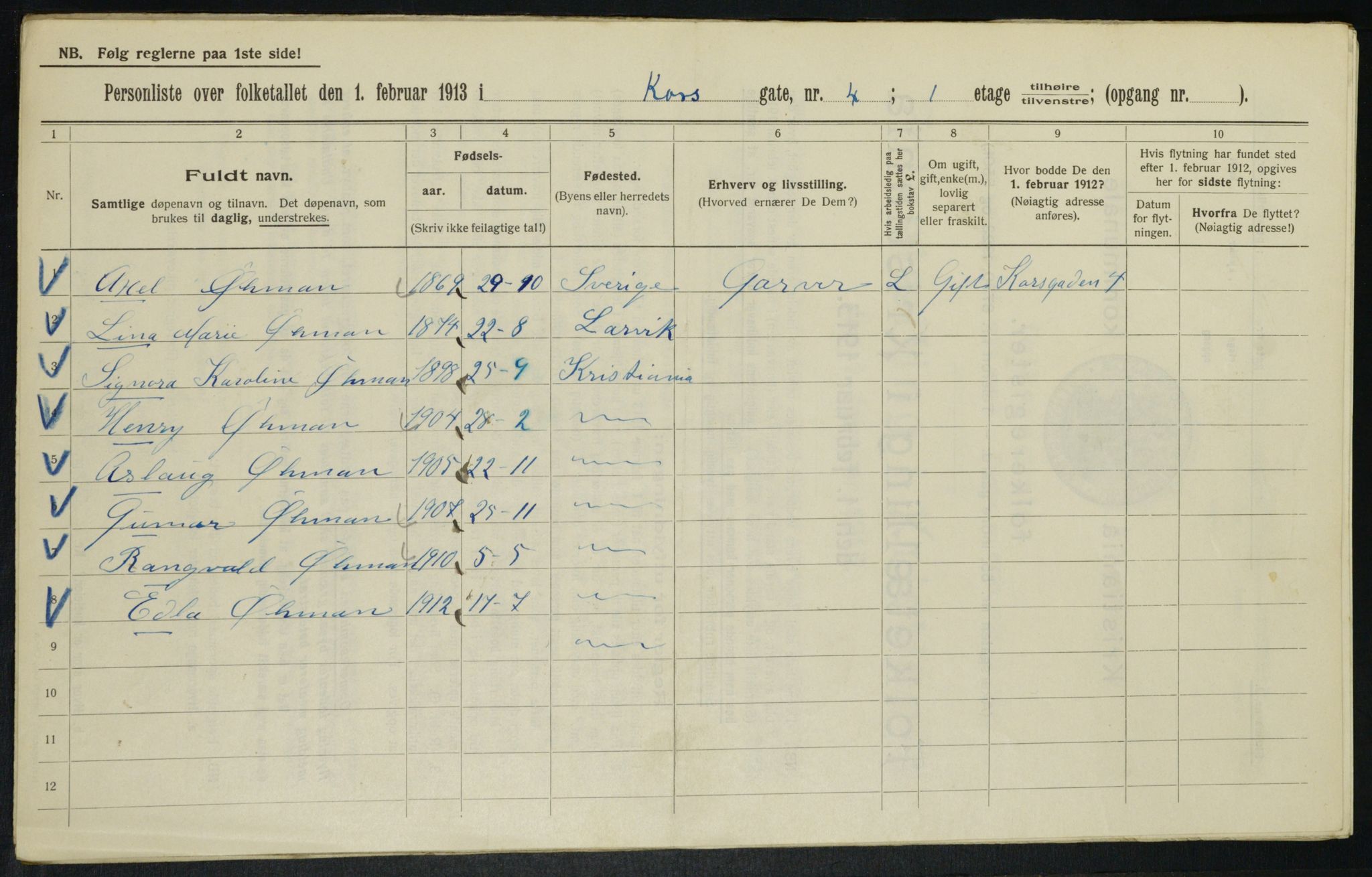 OBA, Municipal Census 1913 for Kristiania, 1913, p. 53145