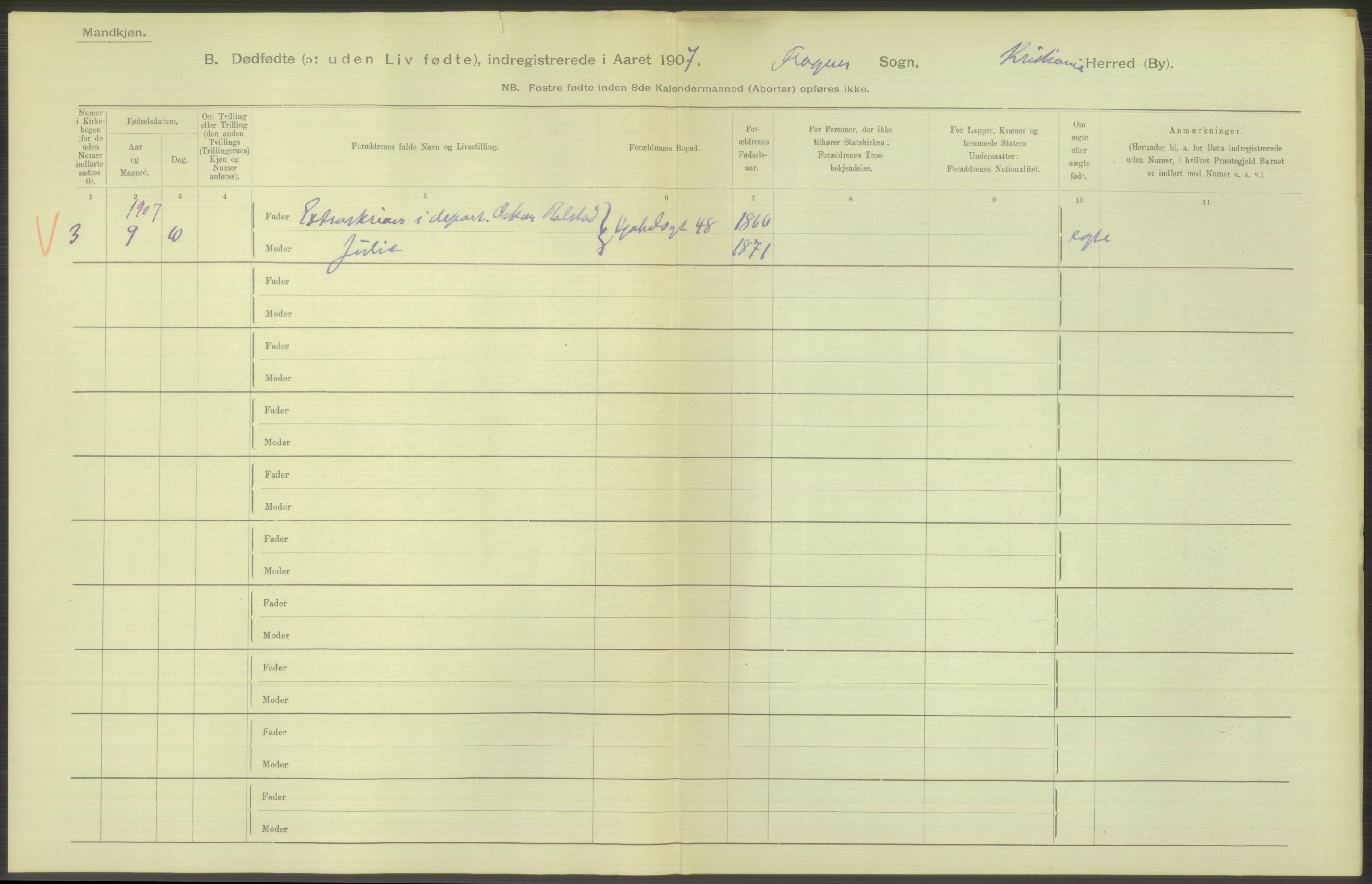 Statistisk sentralbyrå, Sosiodemografiske emner, Befolkning, RA/S-2228/D/Df/Dfa/Dfae/L0010: Kristiania: Døde, dødfødte, 1907, p. 54