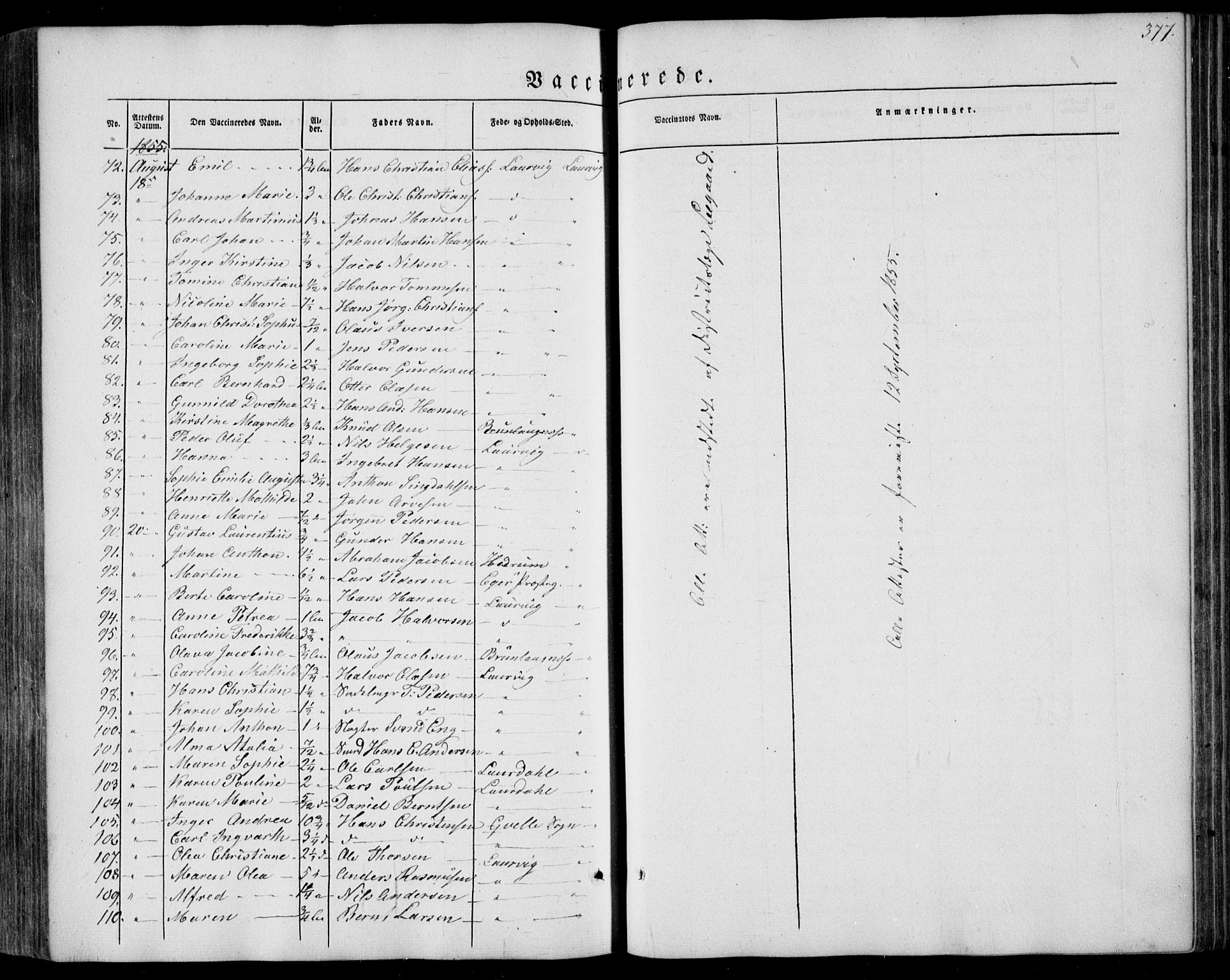 Larvik kirkebøker, AV/SAKO-A-352/F/Fa/L0003: Parish register (official) no. I 3, 1848-1856, p. 377