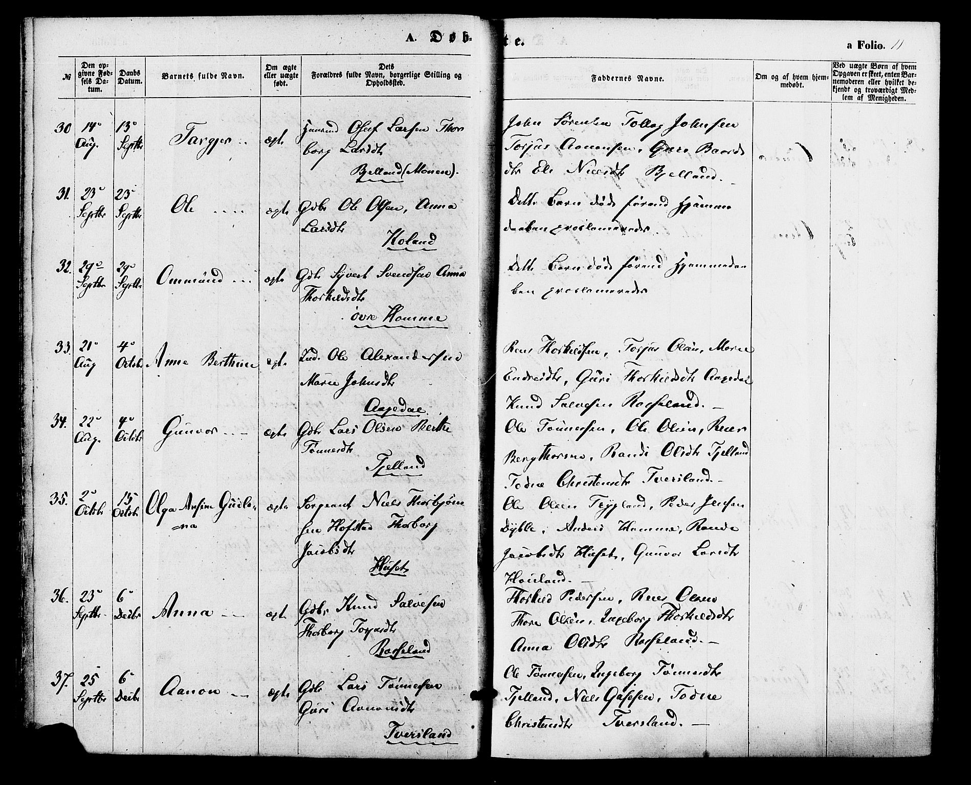 Bjelland sokneprestkontor, AV/SAK-1111-0005/F/Fa/Faa/L0003: Parish register (official) no. A 3, 1867-1887, p. 11