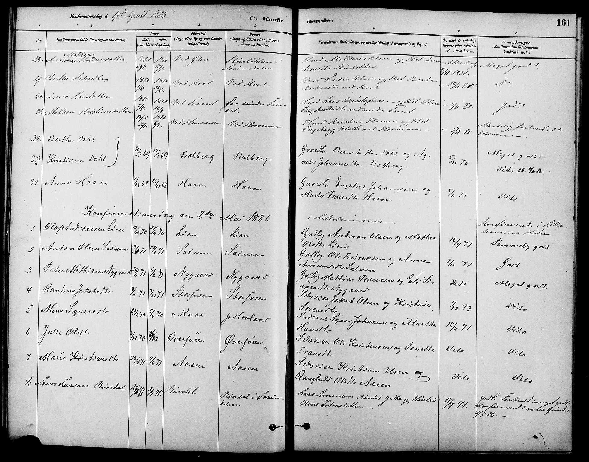 Fåberg prestekontor, SAH/PREST-086/H/Ha/Haa/L0008: Parish register (official) no. 8, 1879-1898, p. 161
