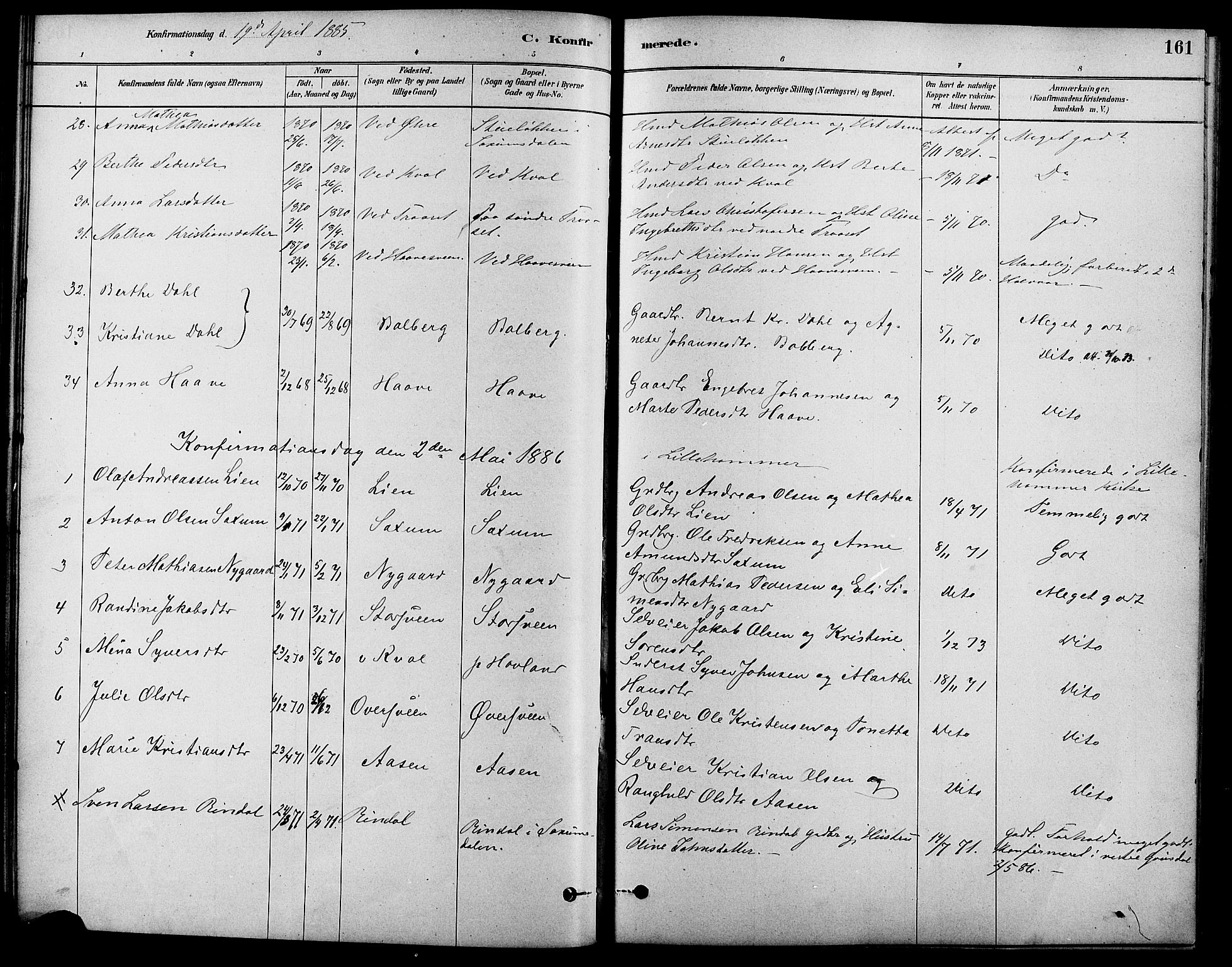 Fåberg prestekontor, AV/SAH-PREST-086/H/Ha/Haa/L0008: Parish register (official) no. 8, 1879-1898, p. 161