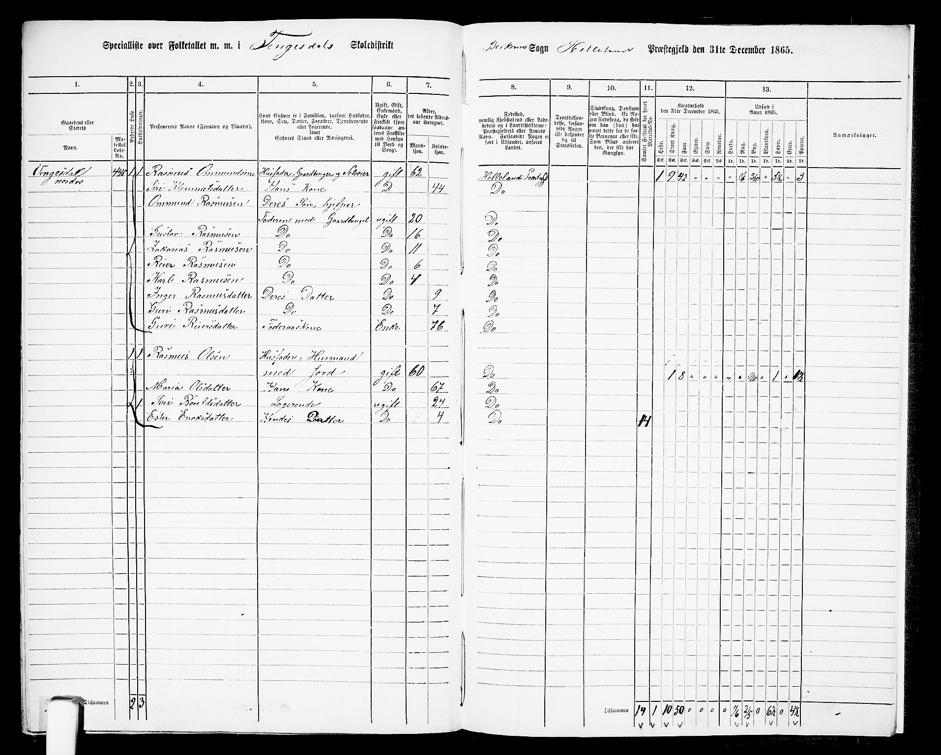 RA, 1865 census for Helleland, 1865, p. 148