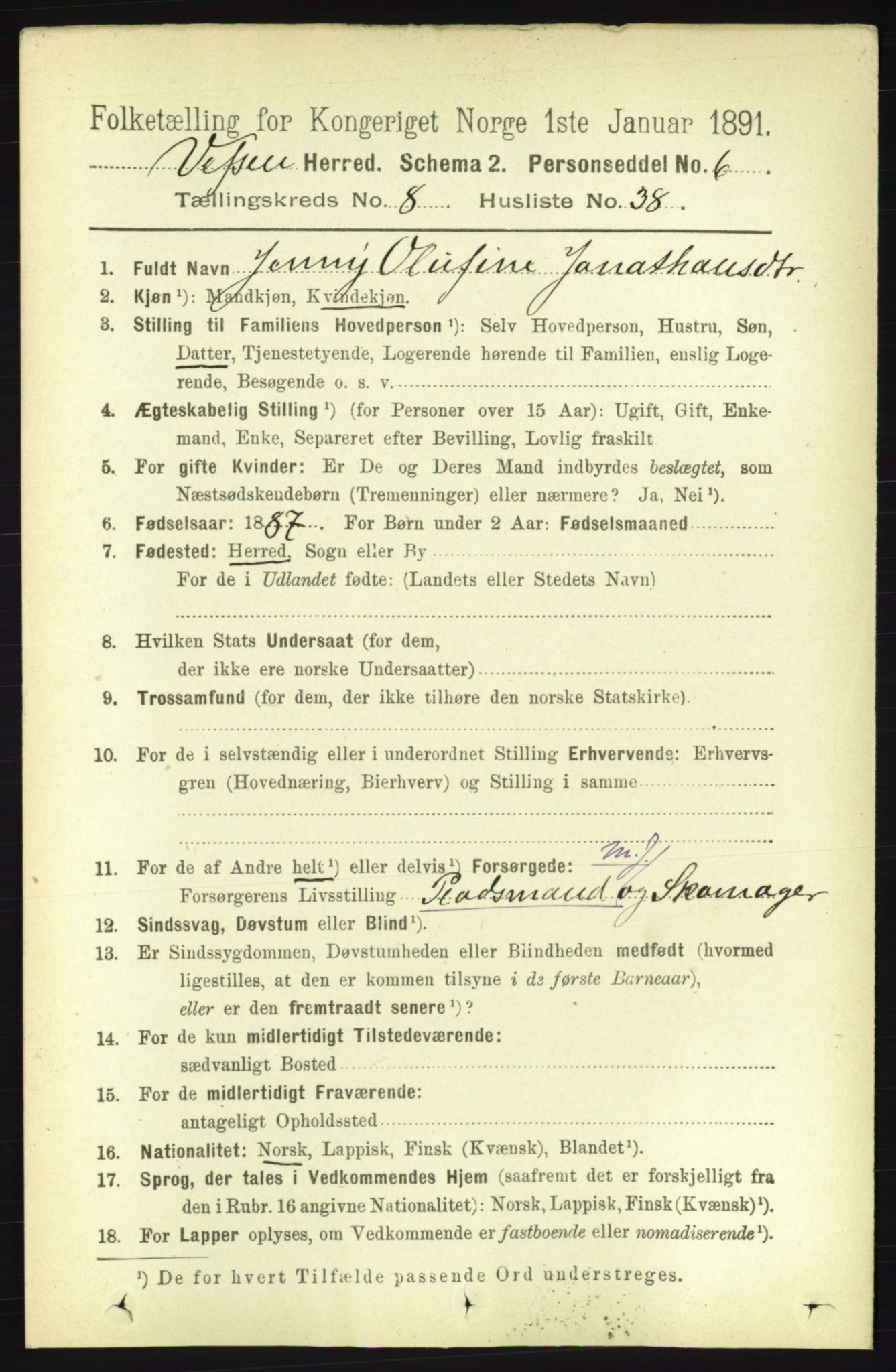 RA, 1891 census for 1824 Vefsn, 1891, p. 4523