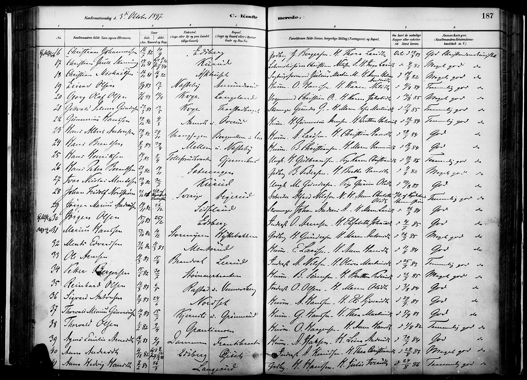 Vinger prestekontor, AV/SAH-PREST-024/H/Ha/Haa/L0014: Parish register (official) no. 14, 1881-1900, p. 187