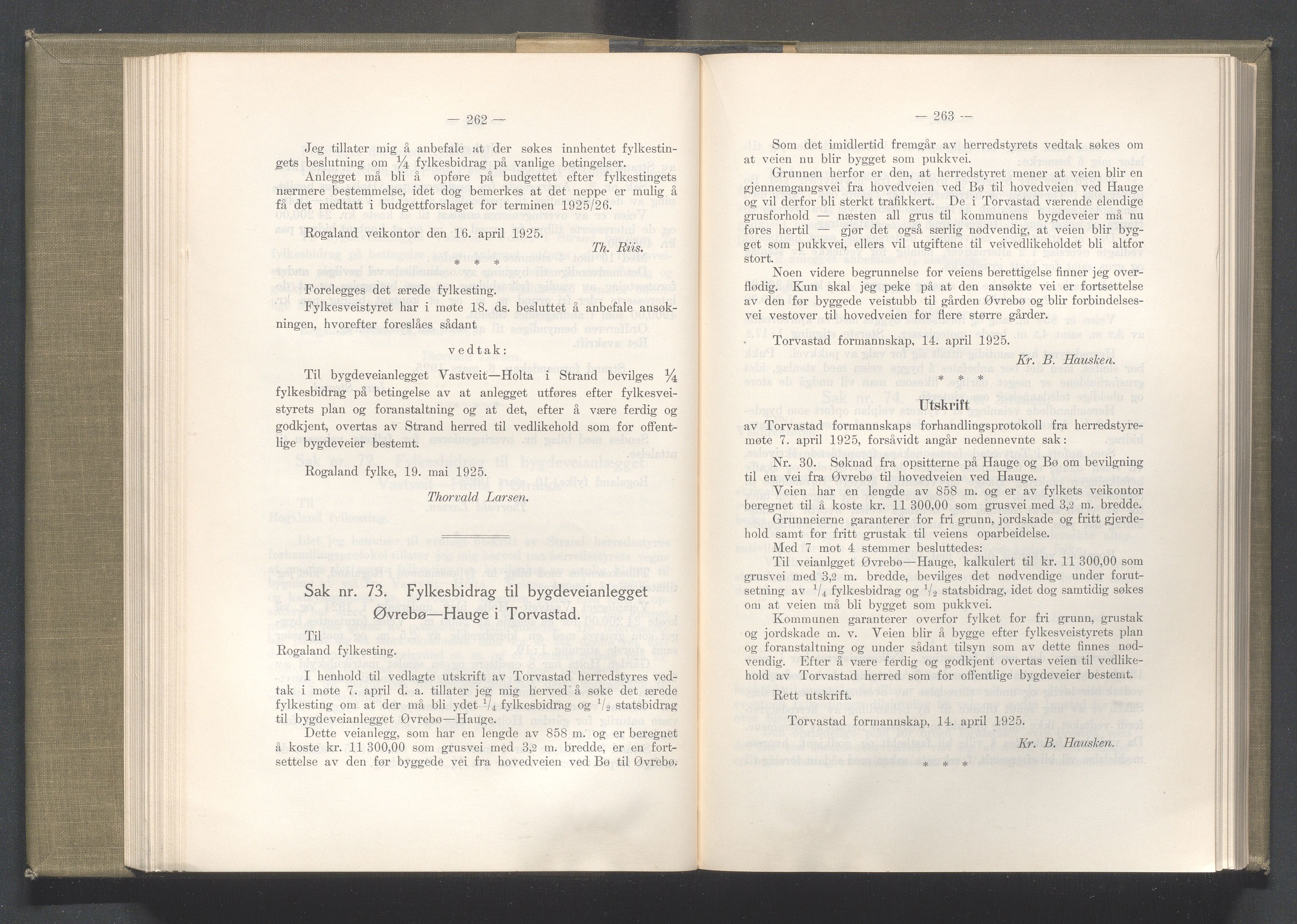 Rogaland fylkeskommune - Fylkesrådmannen , IKAR/A-900/A/Aa/Aaa/L0044: Møtebok , 1925, p. 262-263