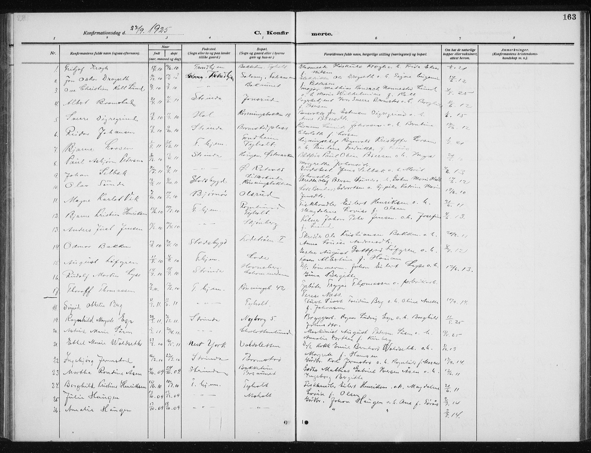 Ministerialprotokoller, klokkerbøker og fødselsregistre - Sør-Trøndelag, SAT/A-1456/606/L0314: Parish register (copy) no. 606C10, 1911-1937, p. 163