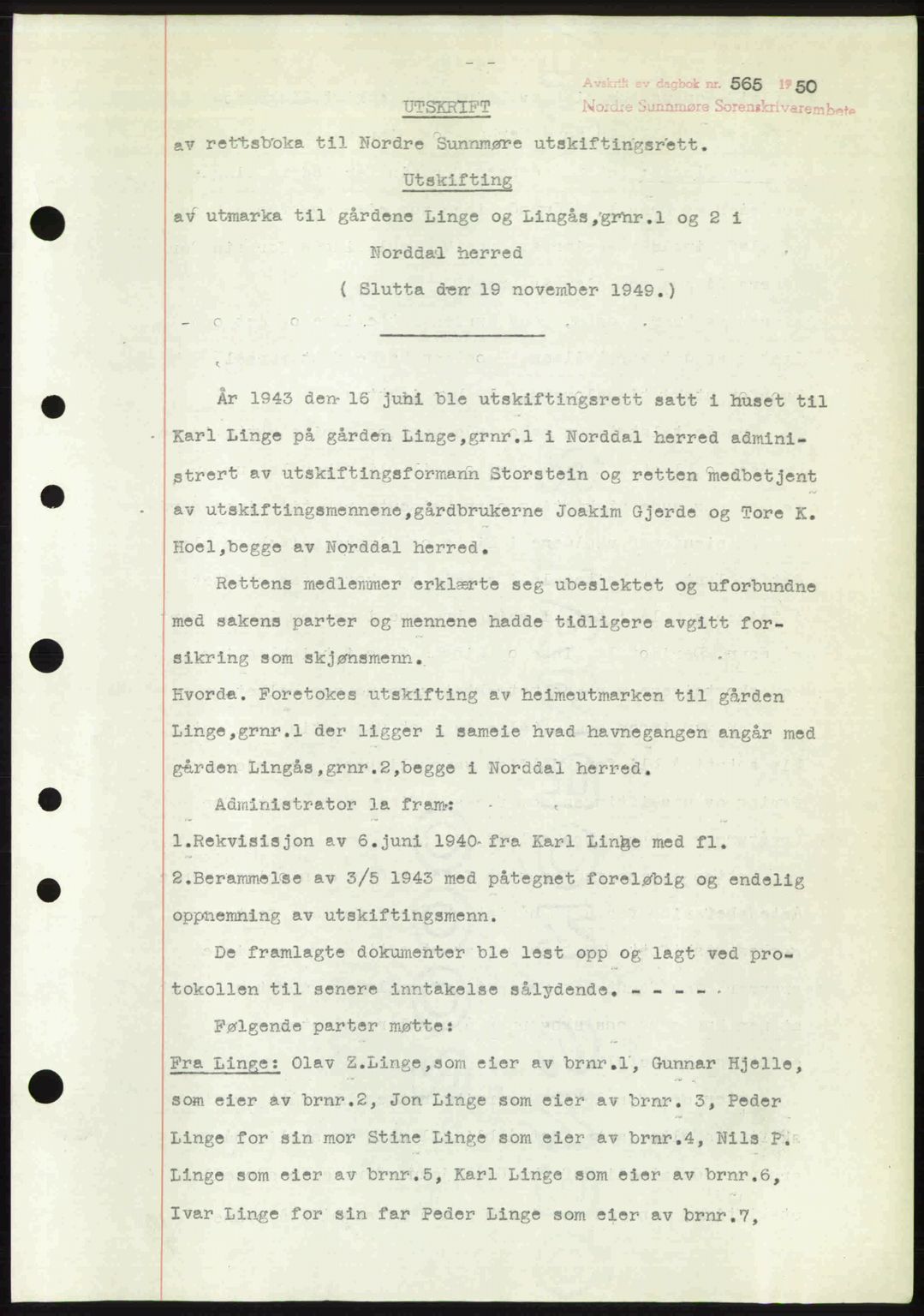 Nordre Sunnmøre sorenskriveri, AV/SAT-A-0006/1/2/2C/2Ca: Mortgage book no. A34, 1950-1950, Diary no: : 565/1950