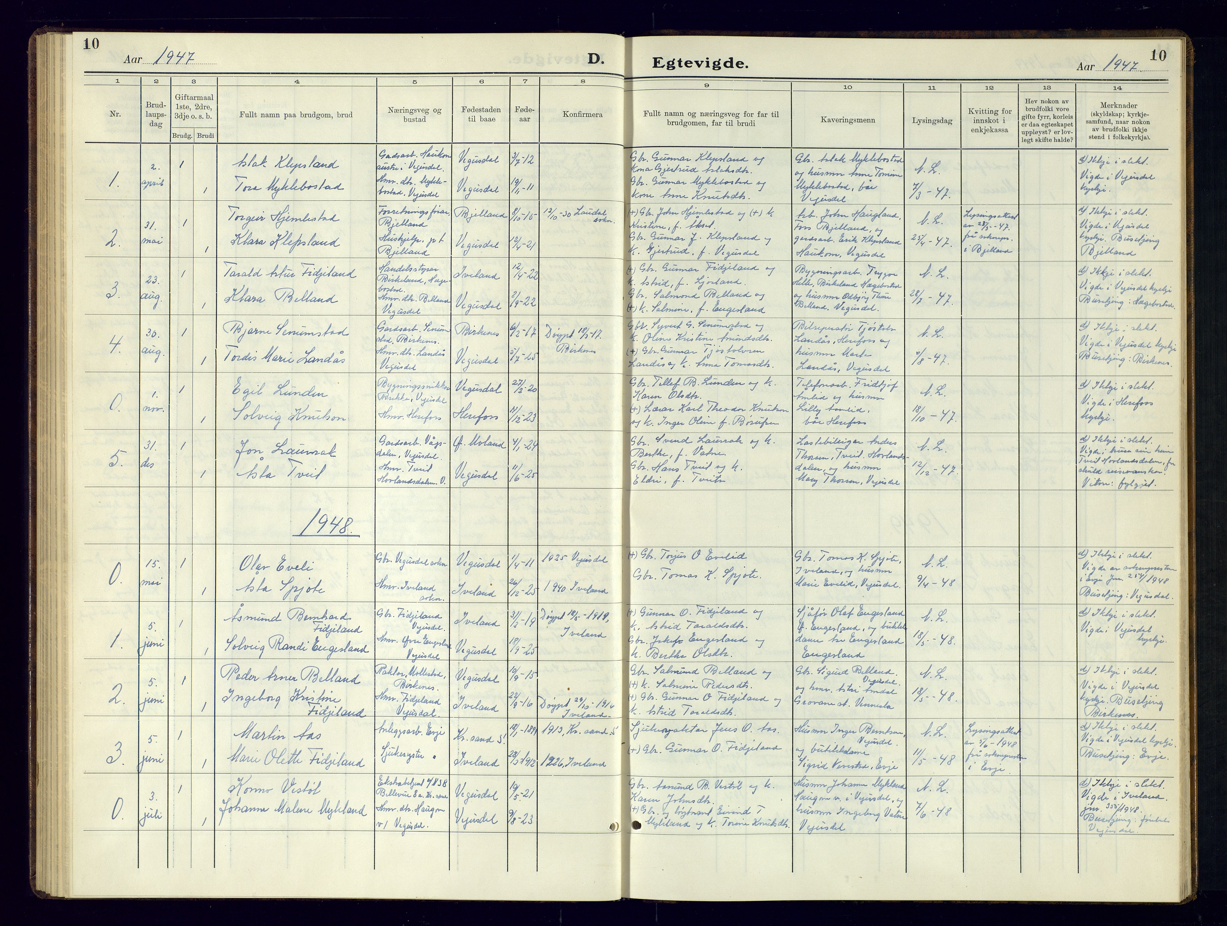 Herefoss sokneprestkontor, SAK/1111-0019/F/Fb/Fbb/L0005: Parish register (copy) no. B-5, 1933-1961, p. 10
