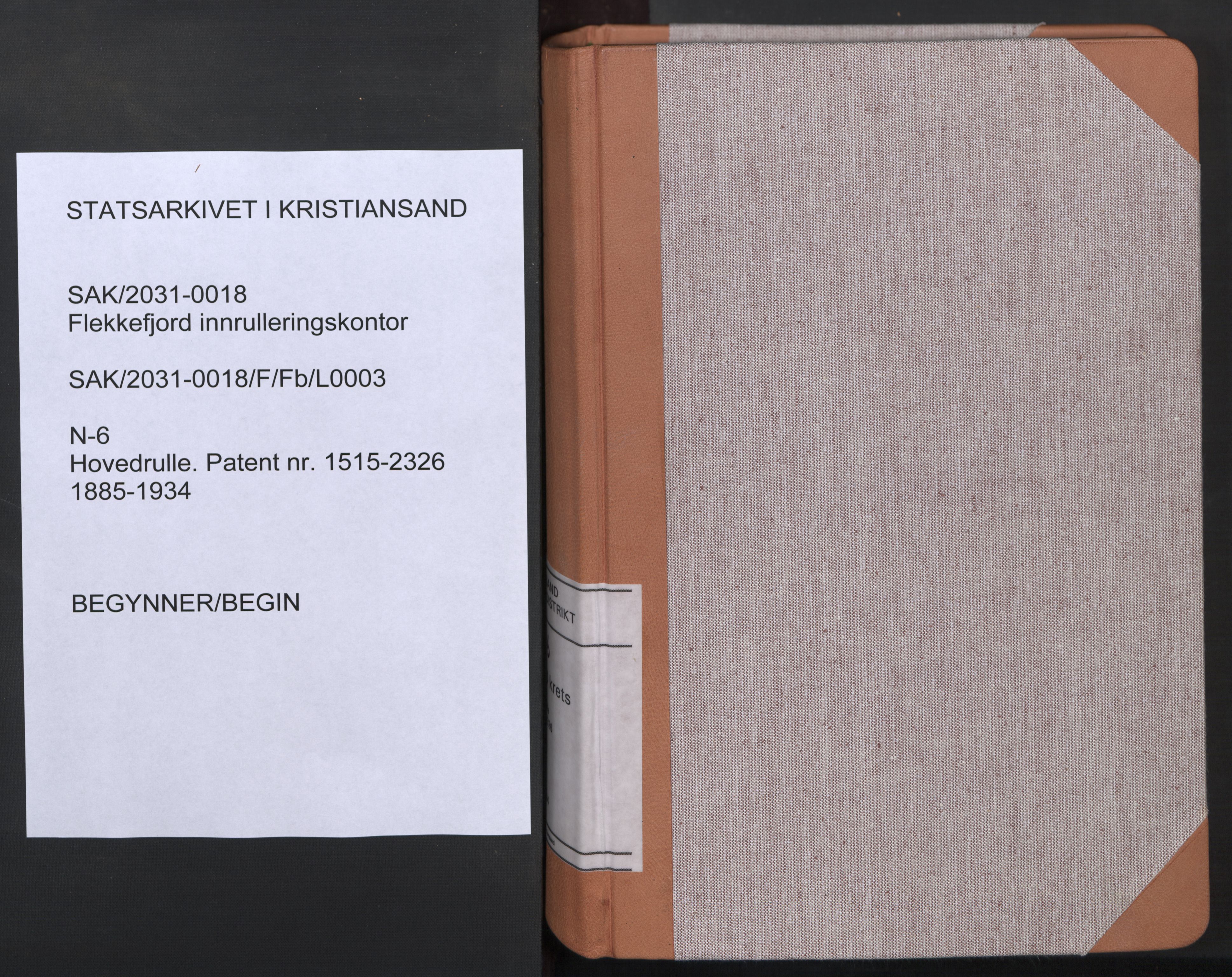 Flekkefjord mønstringskrets, SAK/2031-0018/F/Fb/L0003: Hovedrulle nr 1515-2326, N-6, 1885-1934, p. 1