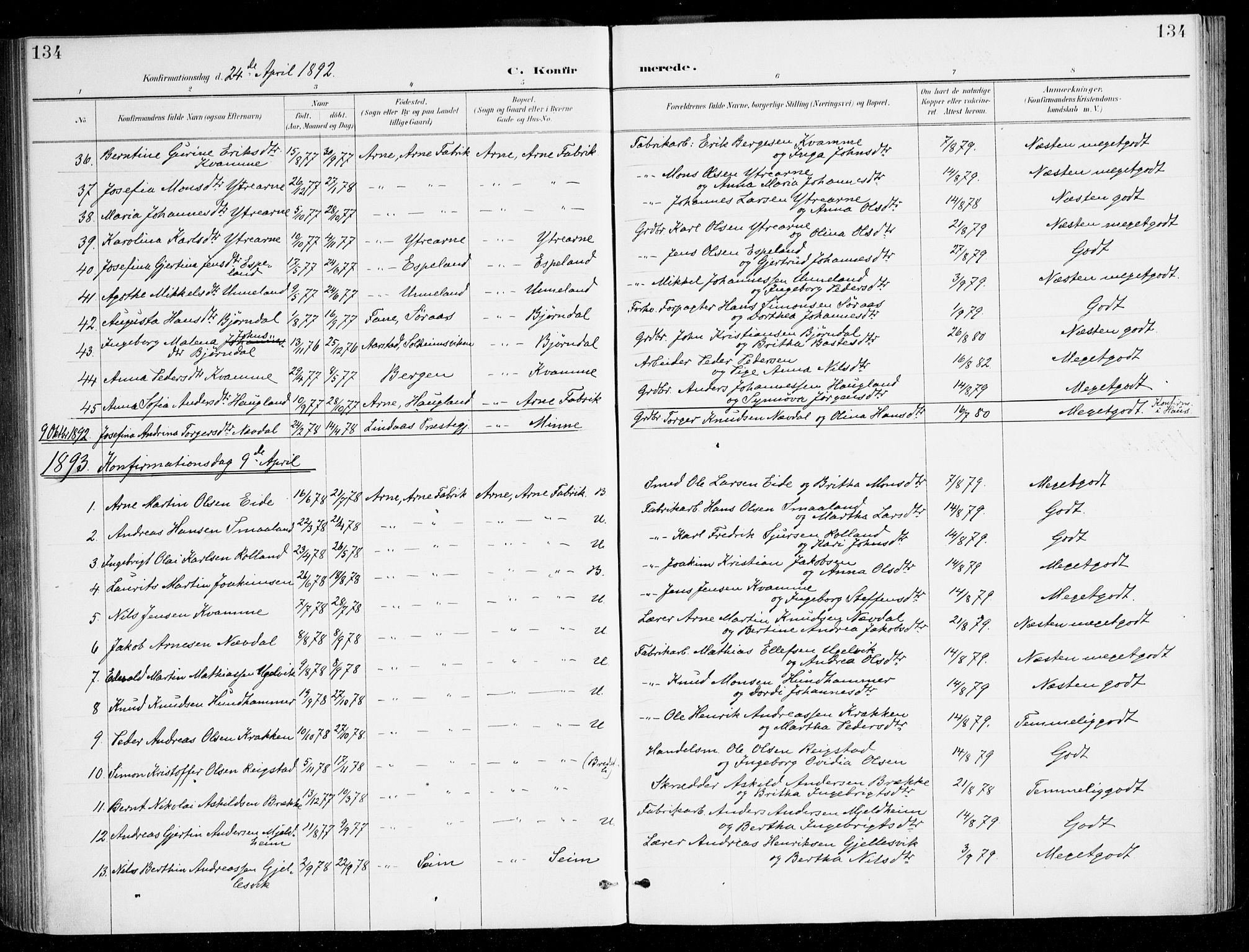 Haus sokneprestembete, SAB/A-75601/H/Haa/Haad/L0001: Parish register (official) no. D 1, 1887-1898, p. 134