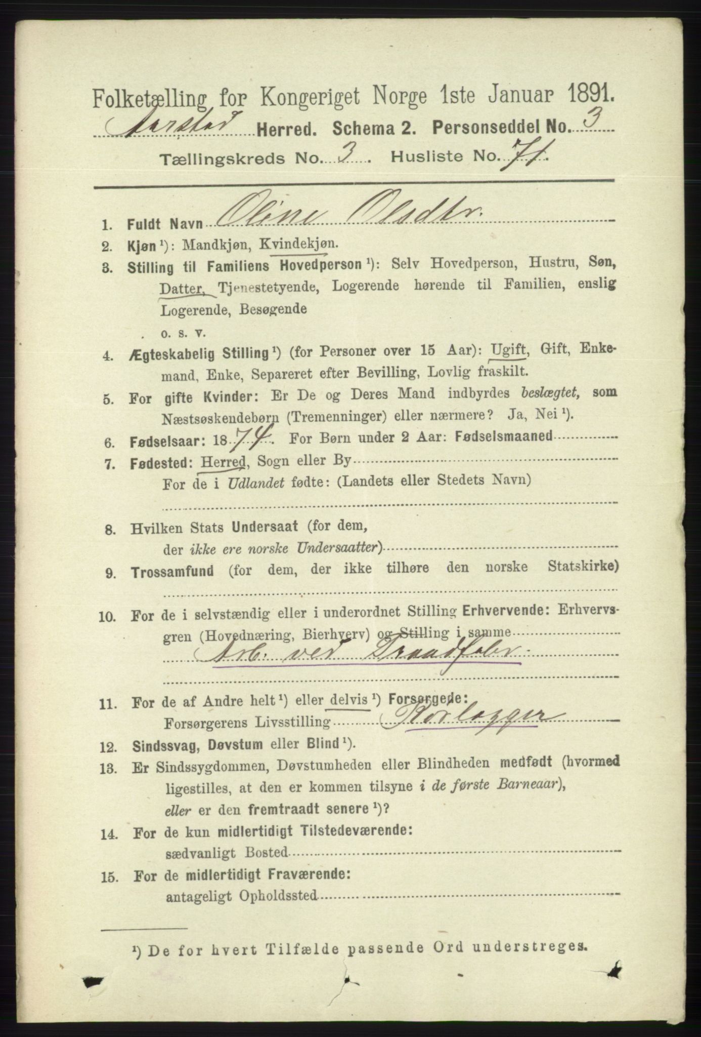 SAB, 1891 Census for 1280 Årstad, 1891, p. 2871