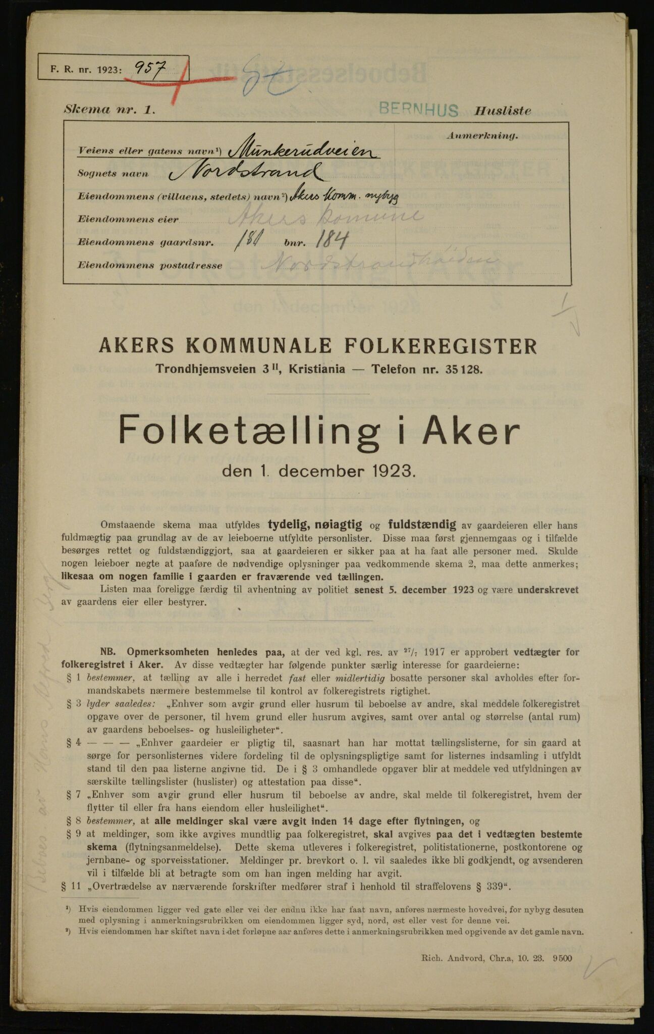 , Municipal Census 1923 for Aker, 1923, p. 42286