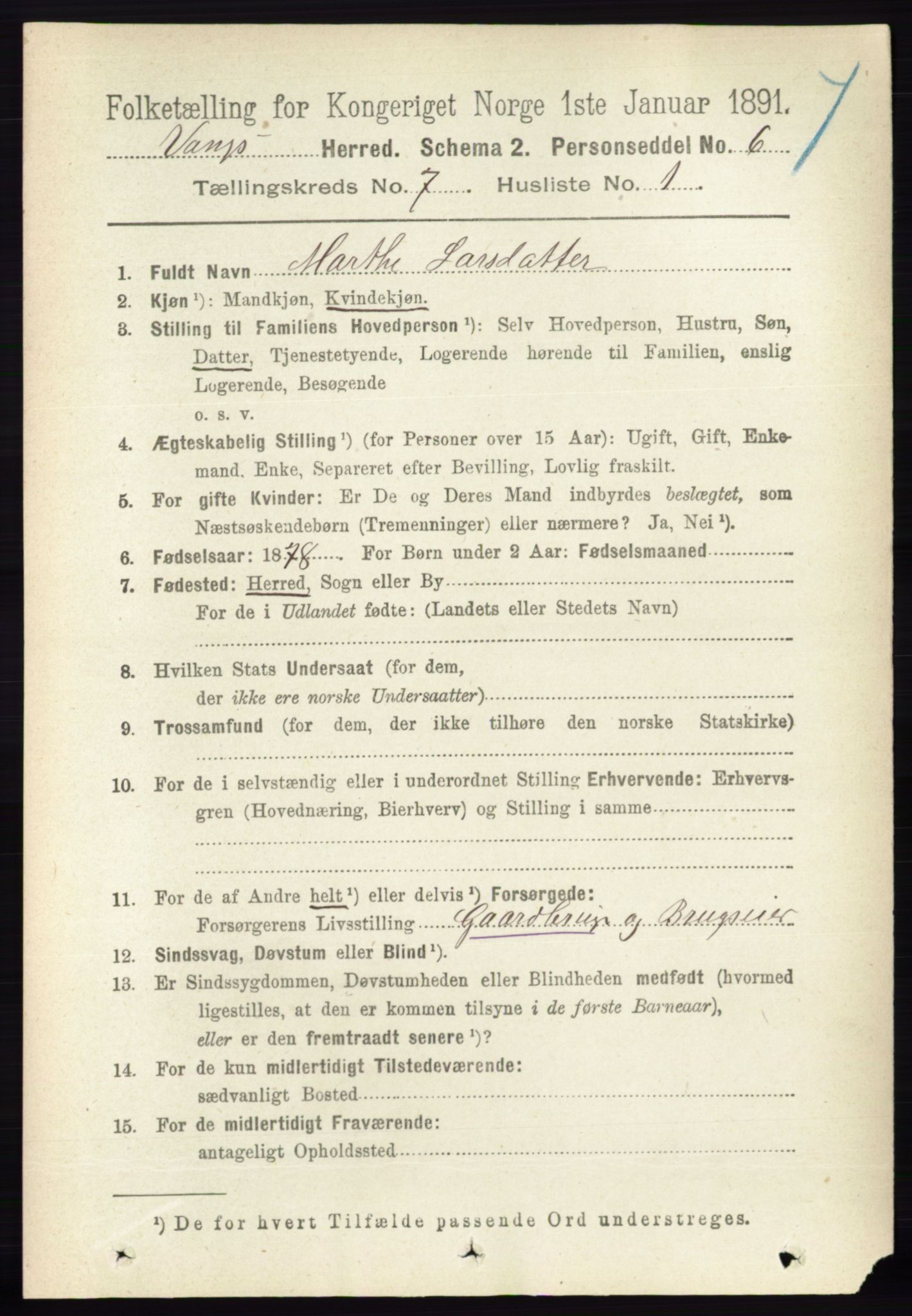 RA, 1891 census for 0414 Vang, 1891, p. 5031