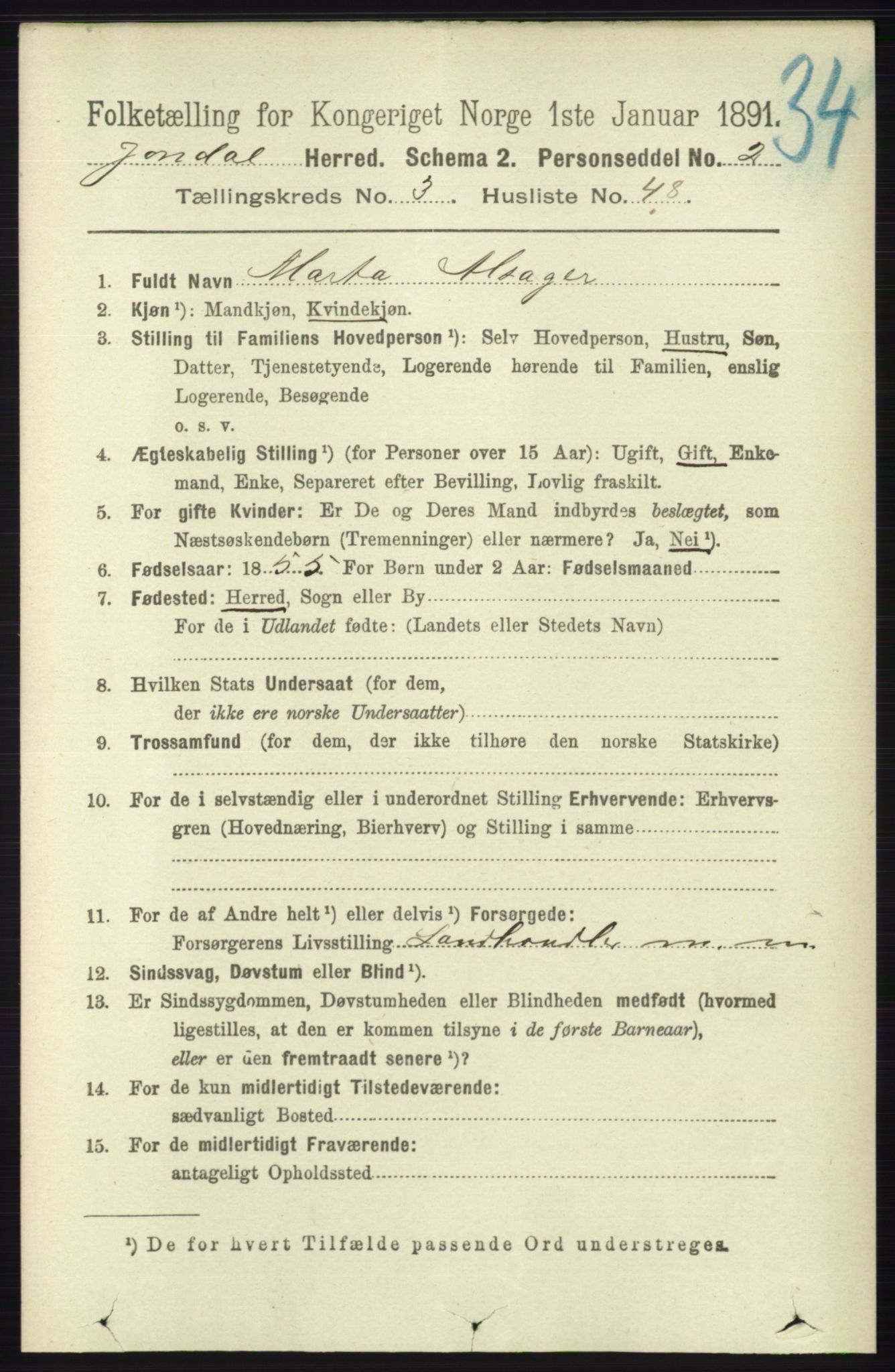 RA, 1891 census for 1227 Jondal, 1891, p. 1591