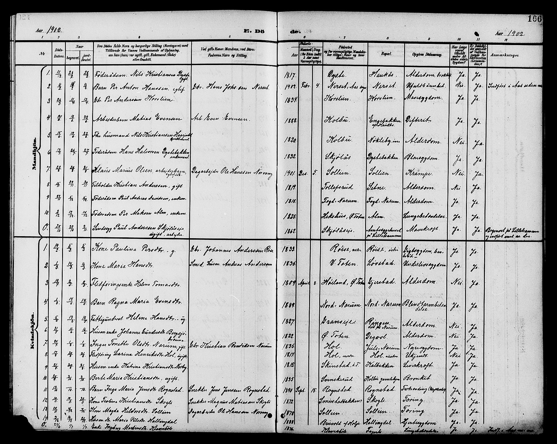 Vestre Toten prestekontor, AV/SAH-PREST-108/H/Ha/Hab/L0011: Parish register (copy) no. 11, 1901-1911, p. 166