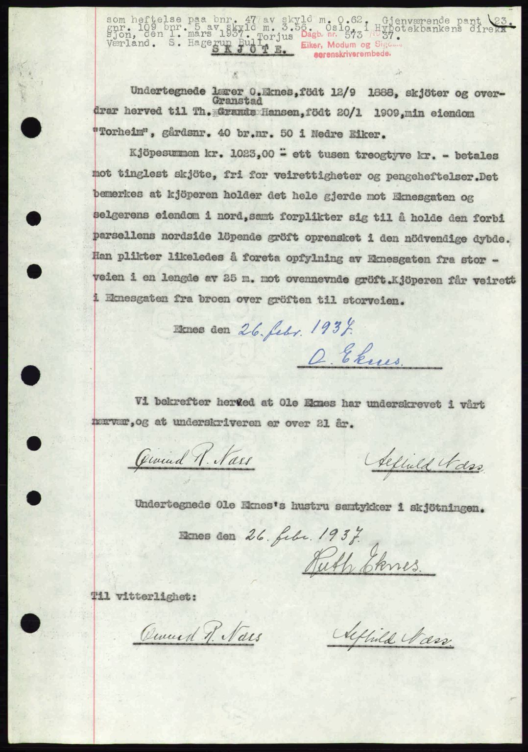 Eiker, Modum og Sigdal sorenskriveri, SAKO/A-123/G/Ga/Gab/L0035: Mortgage book no. A5, 1937-1937, Diary no: : 573/1937