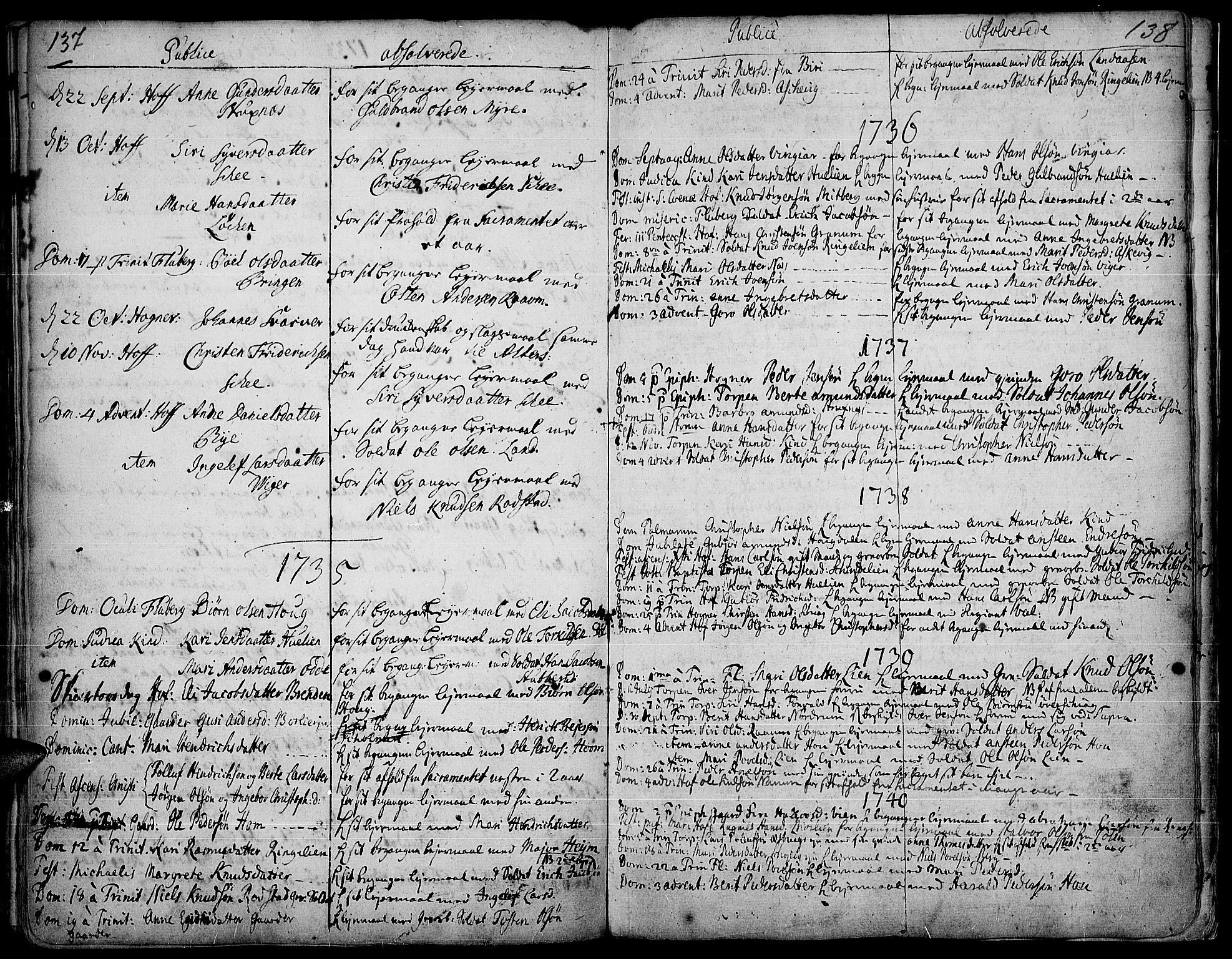 Land prestekontor, AV/SAH-PREST-120/H/Ha/Haa/L0003: Parish register (official) no. 3, 1733-1764, p. 137-138