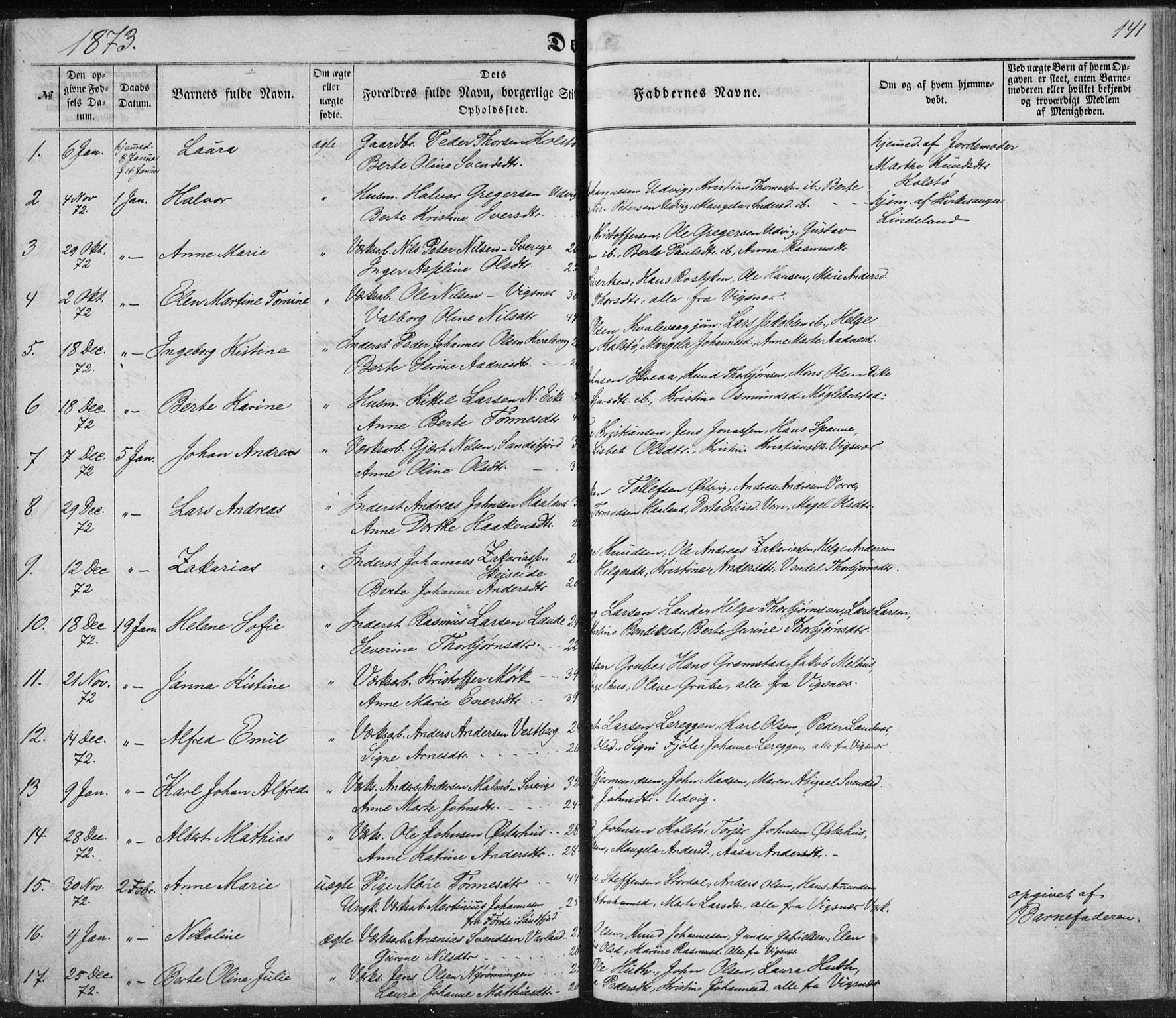 Avaldsnes sokneprestkontor, SAST/A -101851/H/Ha/Haa/L0010: Parish register (official) no. A 10, 1857-1876, p. 141