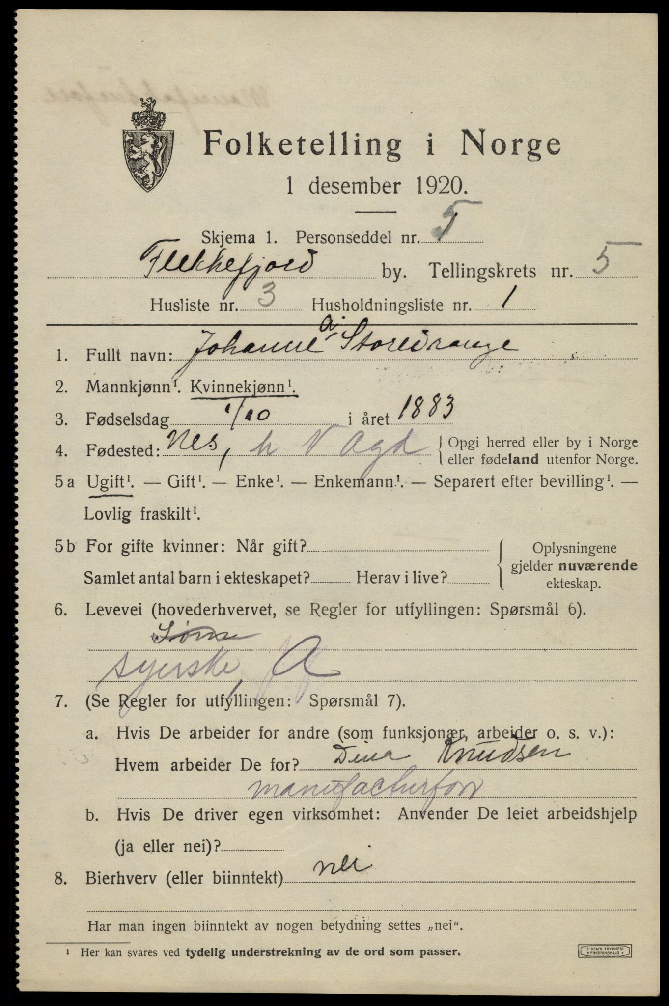 SAK, 1920 census for Flekkefjord, 1920, p. 5182