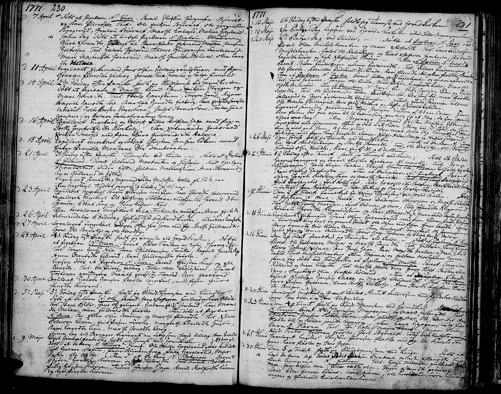 Jevnaker prestekontor, AV/SAH-PREST-116/H/Ha/Haa/L0003: Parish register (official) no. 3, 1752-1799, p. 230-231