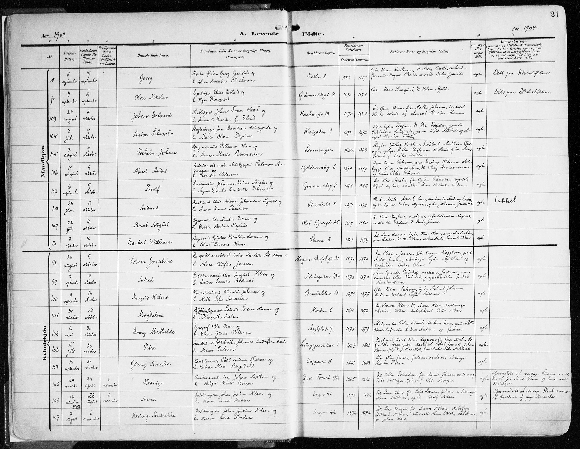 Domkirken sokneprestembete, SAB/A-74801/H/Haa/L0025: Parish register (official) no. B 8, 1903-1925, p. 21