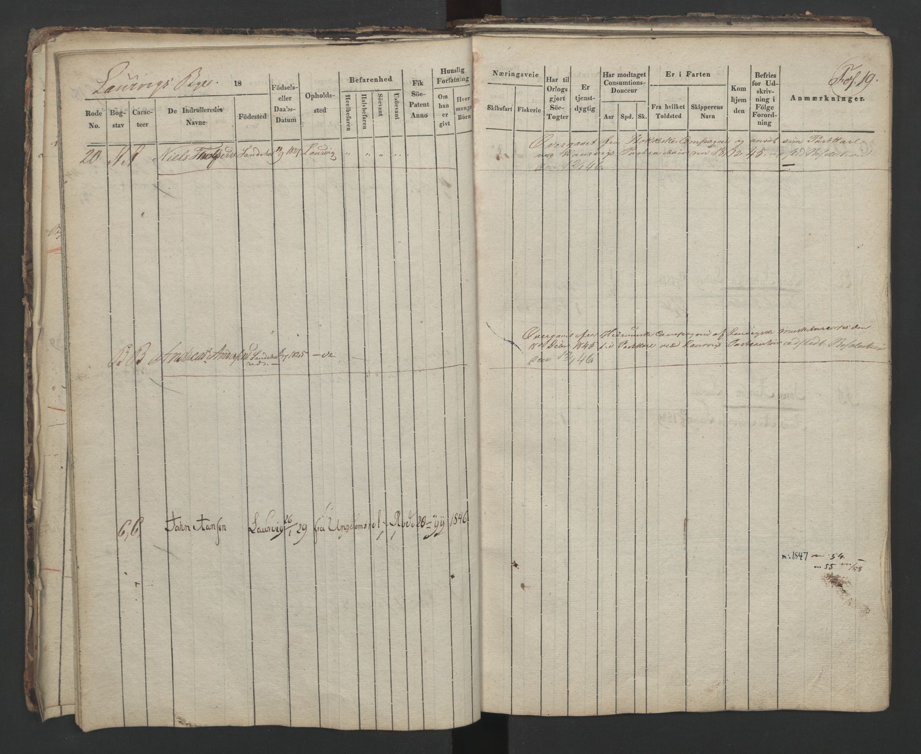 Larvik innrulleringskontor, SAKO/A-787/F/Fa/L0001: Hovedrulle, 1836-1860, p. 19