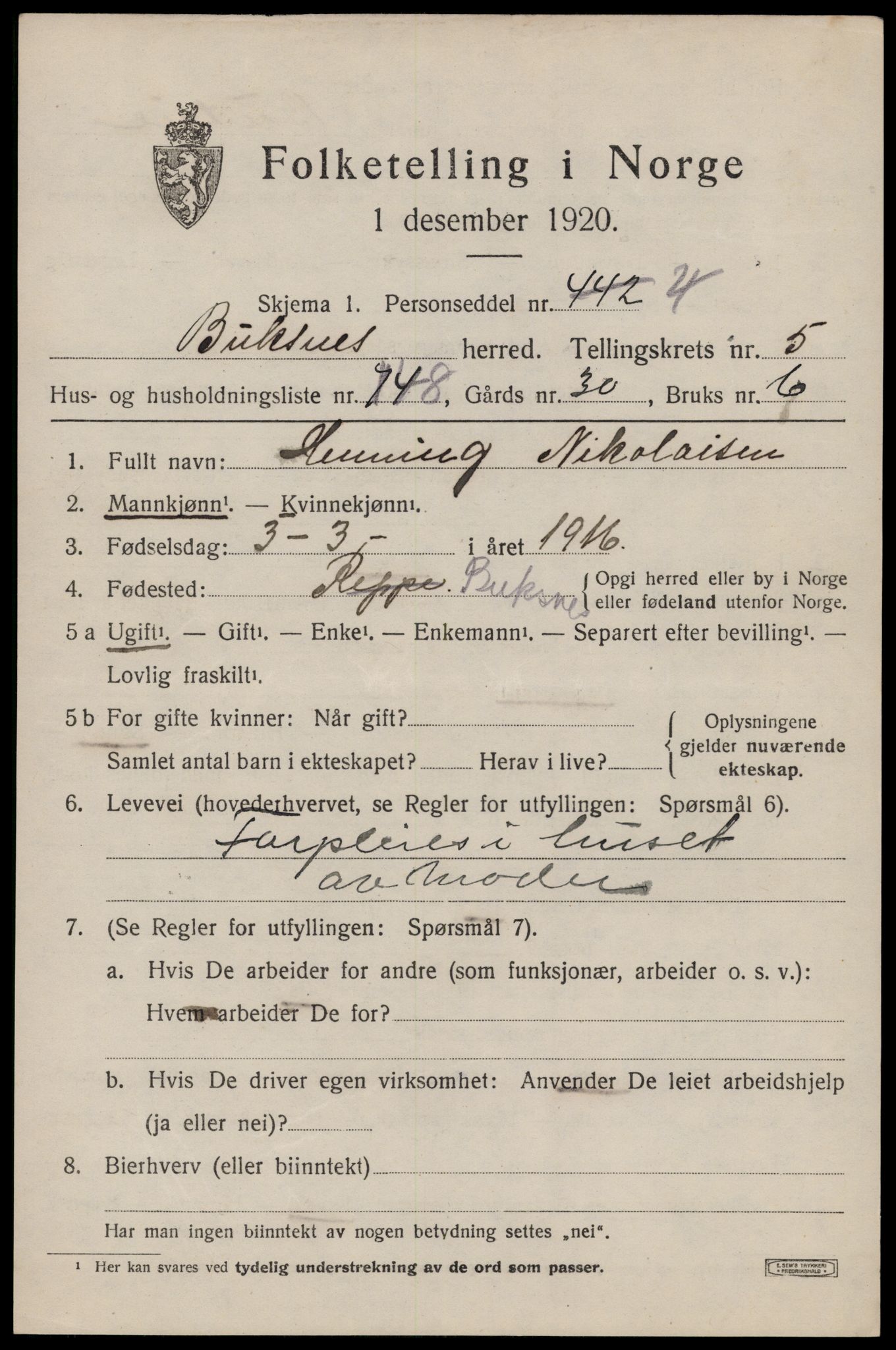 SAT, 1920 census for Buksnes, 1920, p. 5959