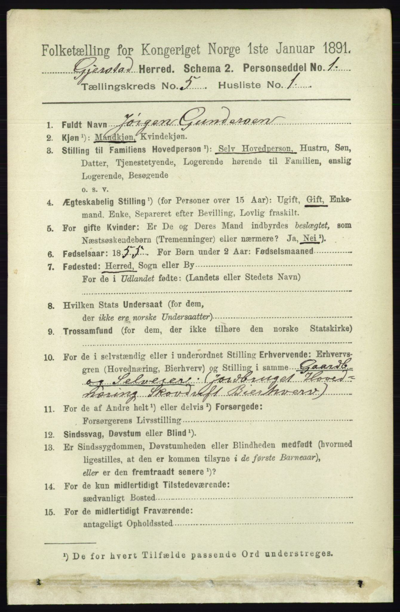 RA, 1891 census for 0911 Gjerstad, 1891, p. 1990