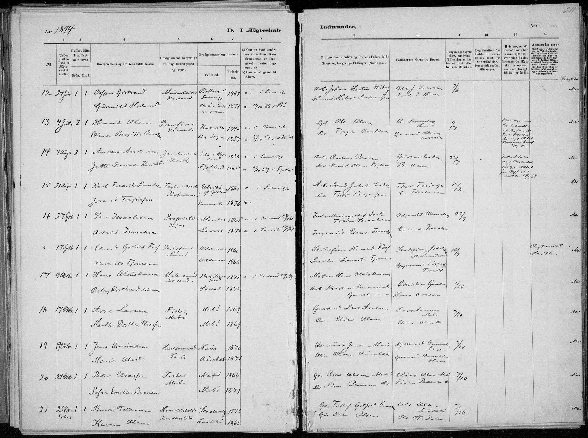 Oddernes sokneprestkontor, AV/SAK-1111-0033/F/Fa/Faa/L0009: Parish register (official) no. A 9, 1884-1896, p. 211