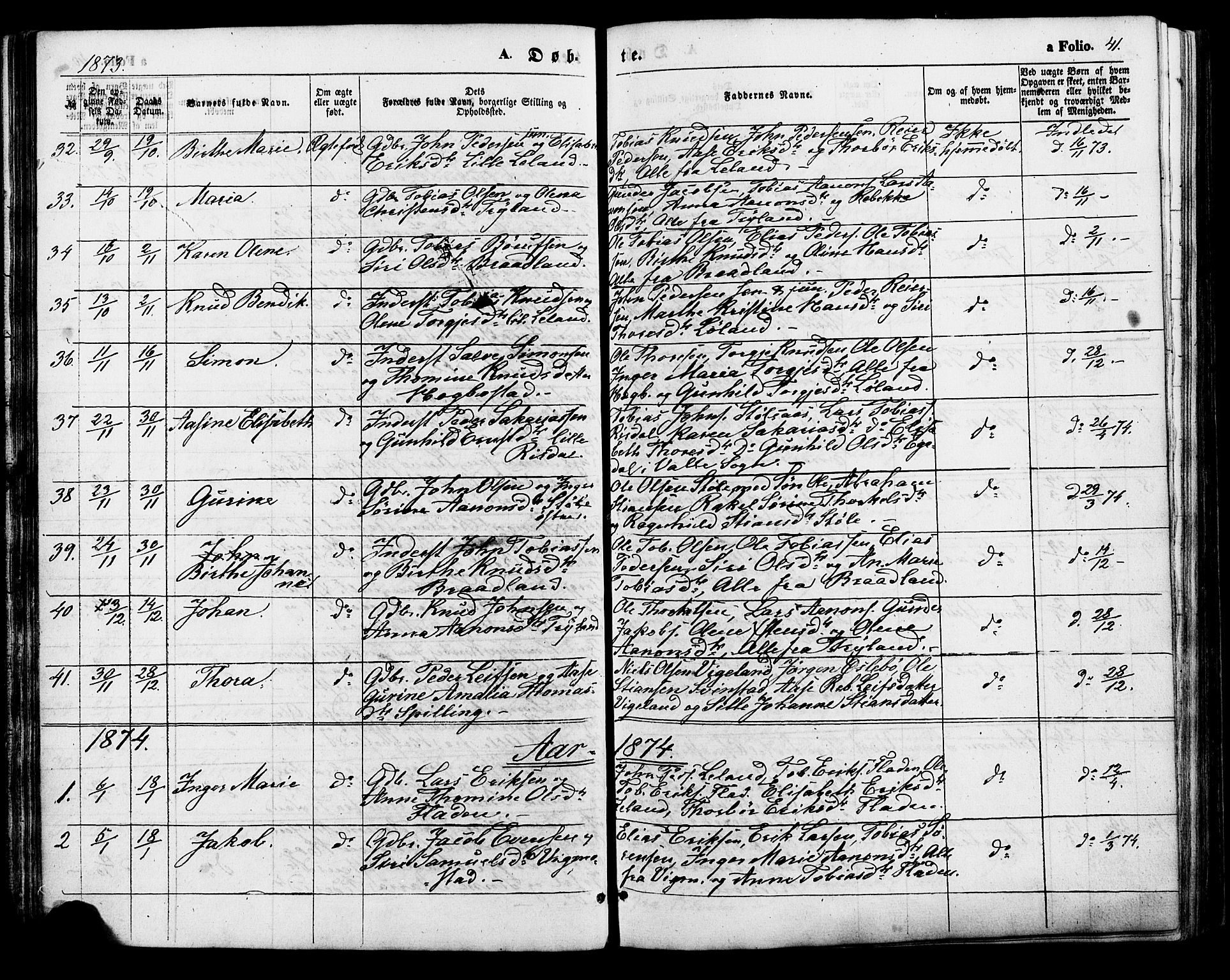 Nord-Audnedal sokneprestkontor, SAK/1111-0032/F/Fa/Fab/L0002: Parish register (official) no. A 2, 1859-1882, p. 41