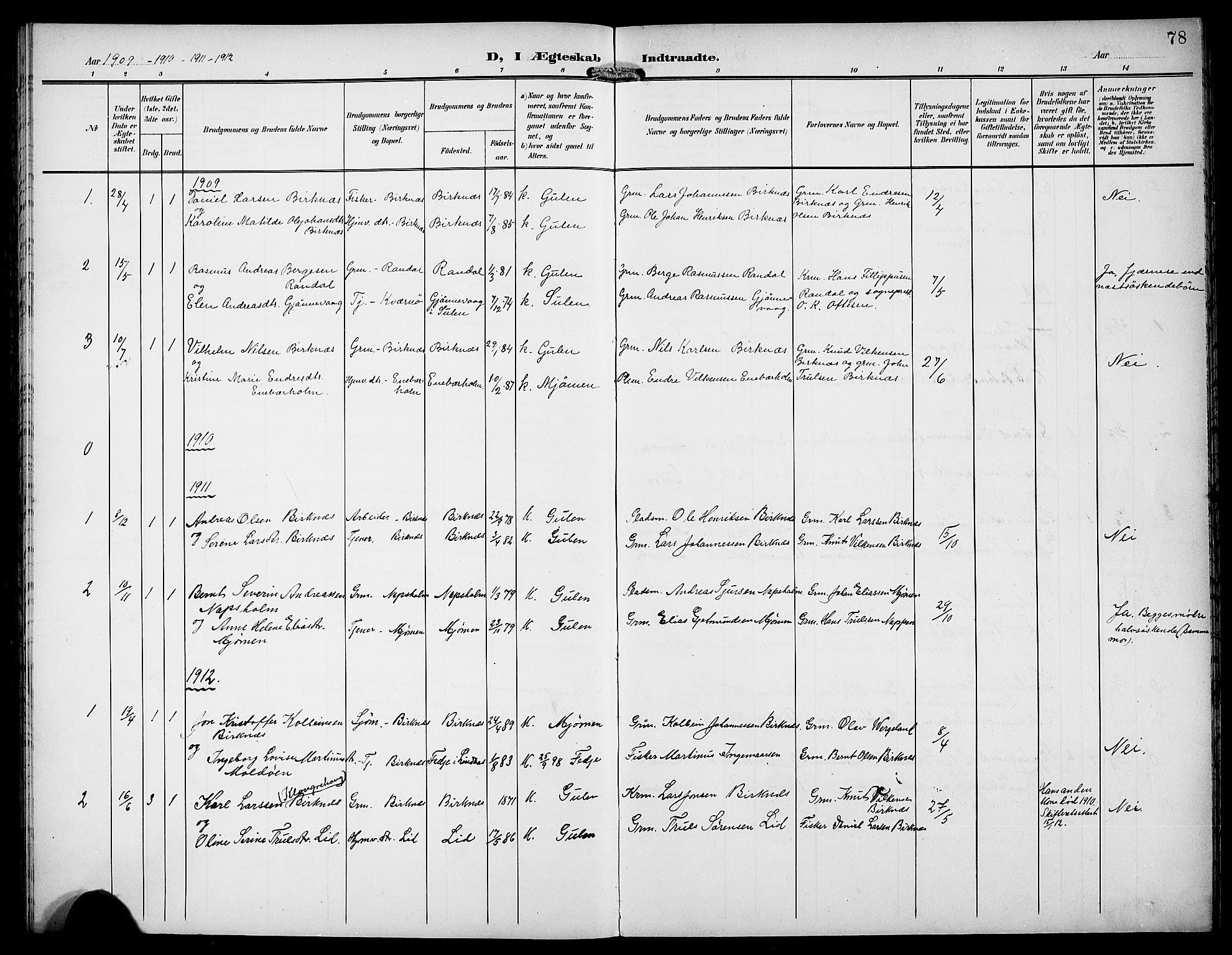 Gulen sokneprestembete, AV/SAB-A-80201/H/Hab/Habd/L0001: Parish register (copy) no. D 1, 1901-1924, p. 78