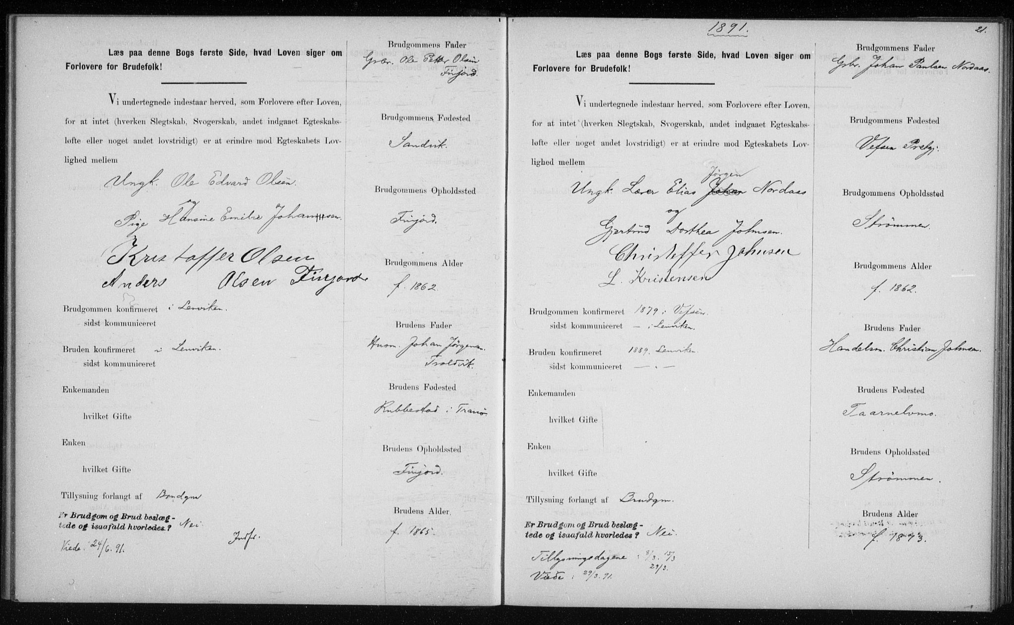 Lenvik sokneprestembete, SATØ/S-1310/I/Ie/L0129: Banns register no. 129, 1890-1895, p. 21