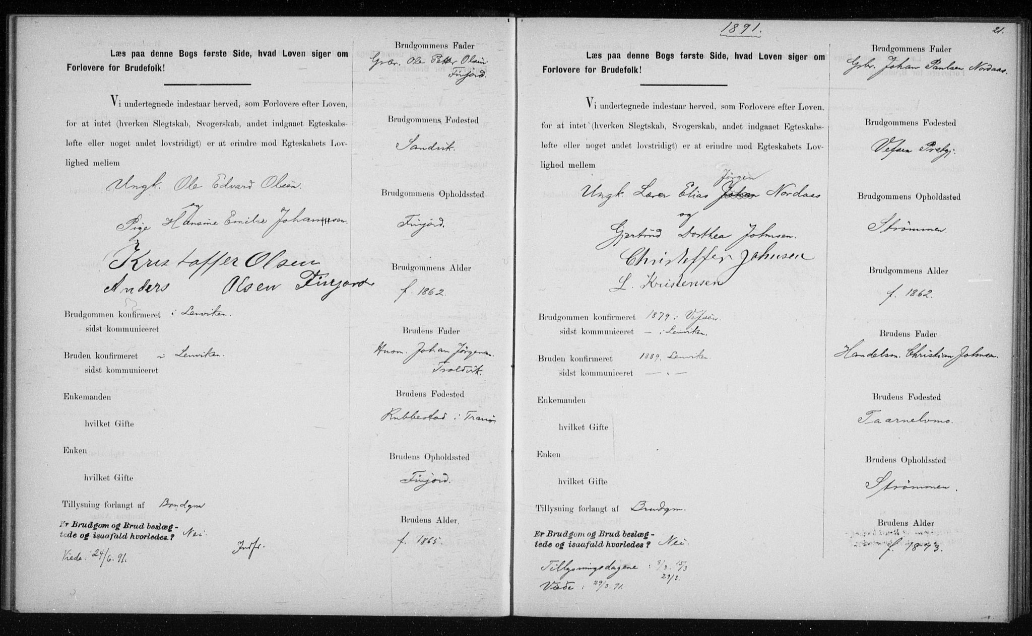 Lenvik sokneprestembete, AV/SATØ-S-1310/I/Ie/L0129: Banns register no. 129, 1890-1895, p. 21